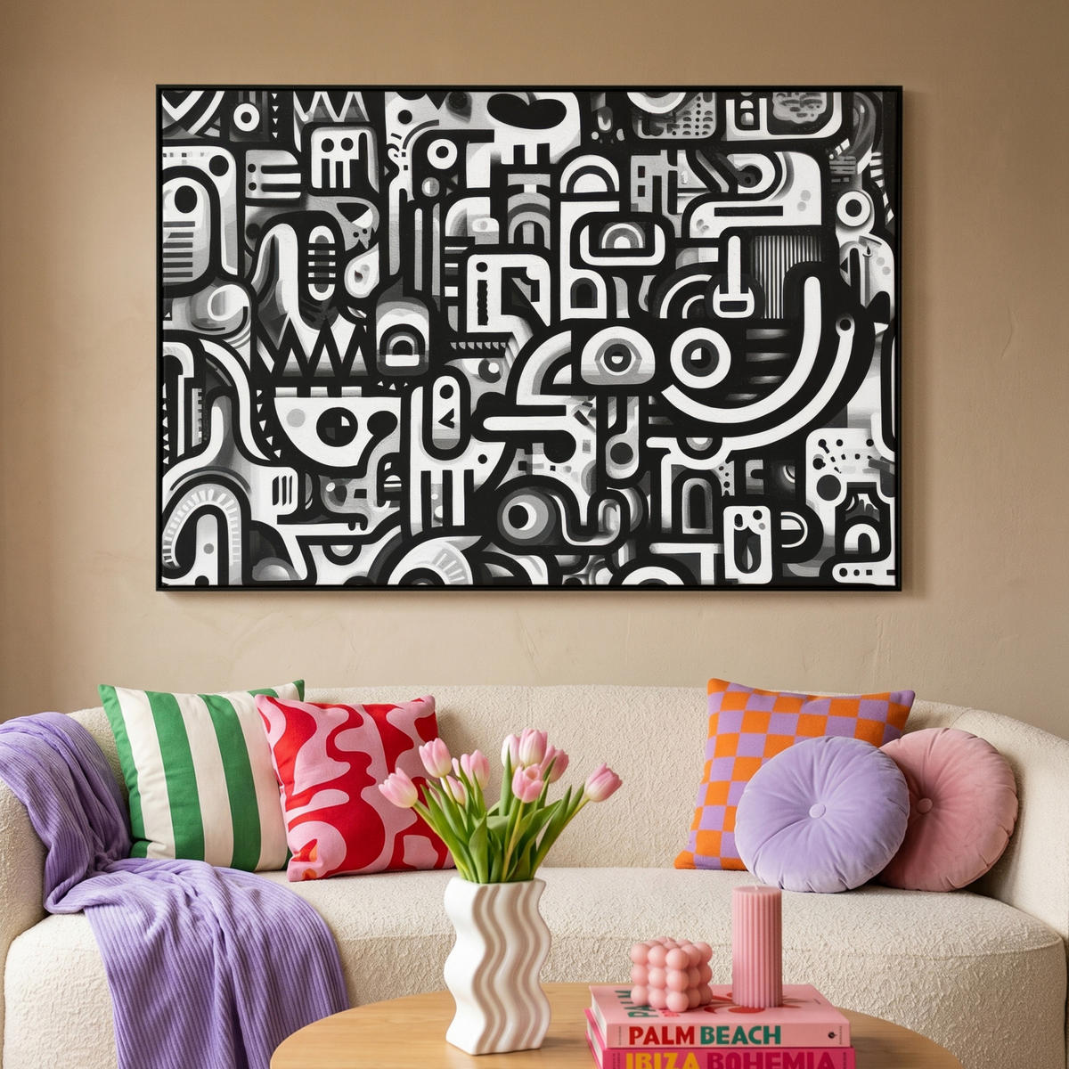 LEINWAND Bilder mit Rahmen - Symbole - Abstrakt - Grafik - Schwarz - 120x80 - Schwarz, Textil (120/80cm) - MuchoWow