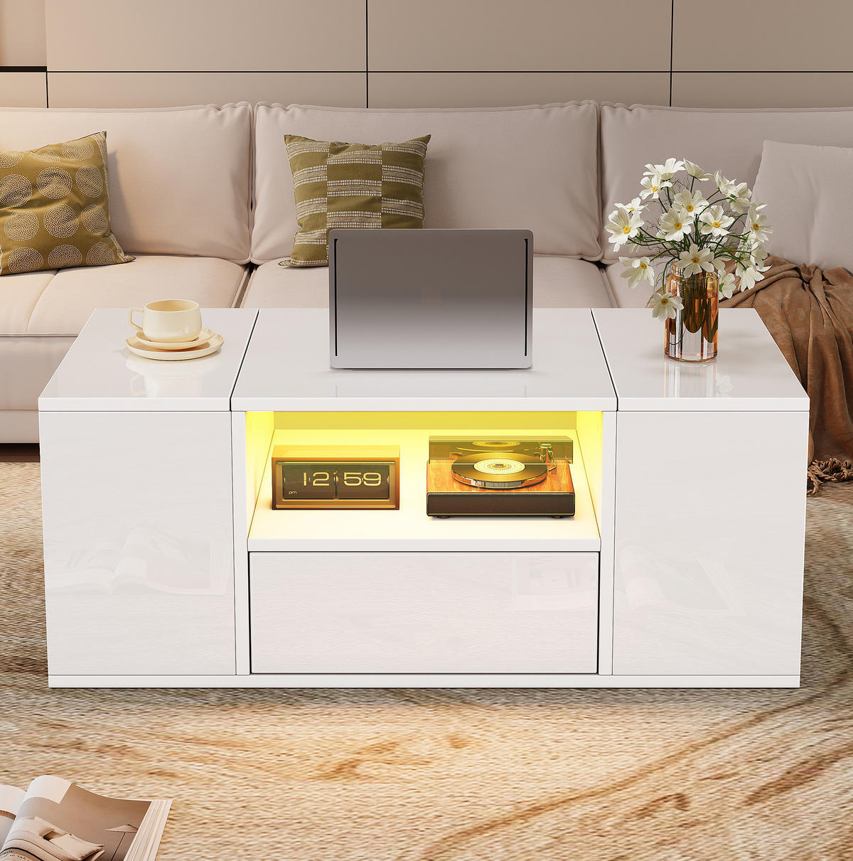 COUCHTISCH 100/50/40 cm in Weiß mit LED-Beleuchtung und viel Stauraum - Weiß, Holzwerkstoff (100/50/40cm) - Flora Grace