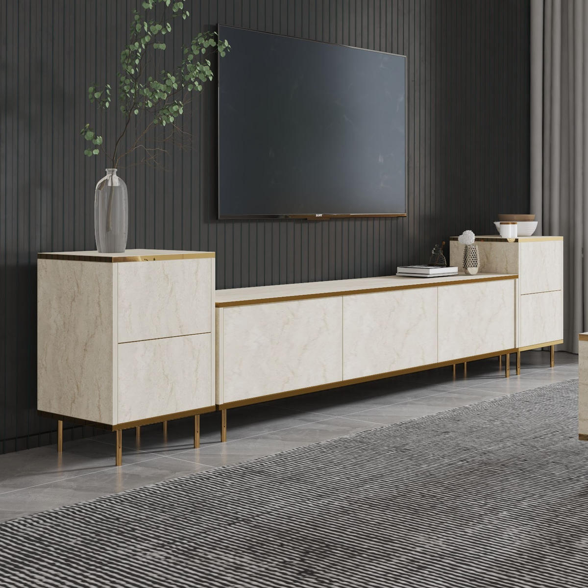 TV-MÖBEL Imaj Travertin-Gold - Beige/Goldfarben, Holz (260/60/35cm) - Habitat Garten