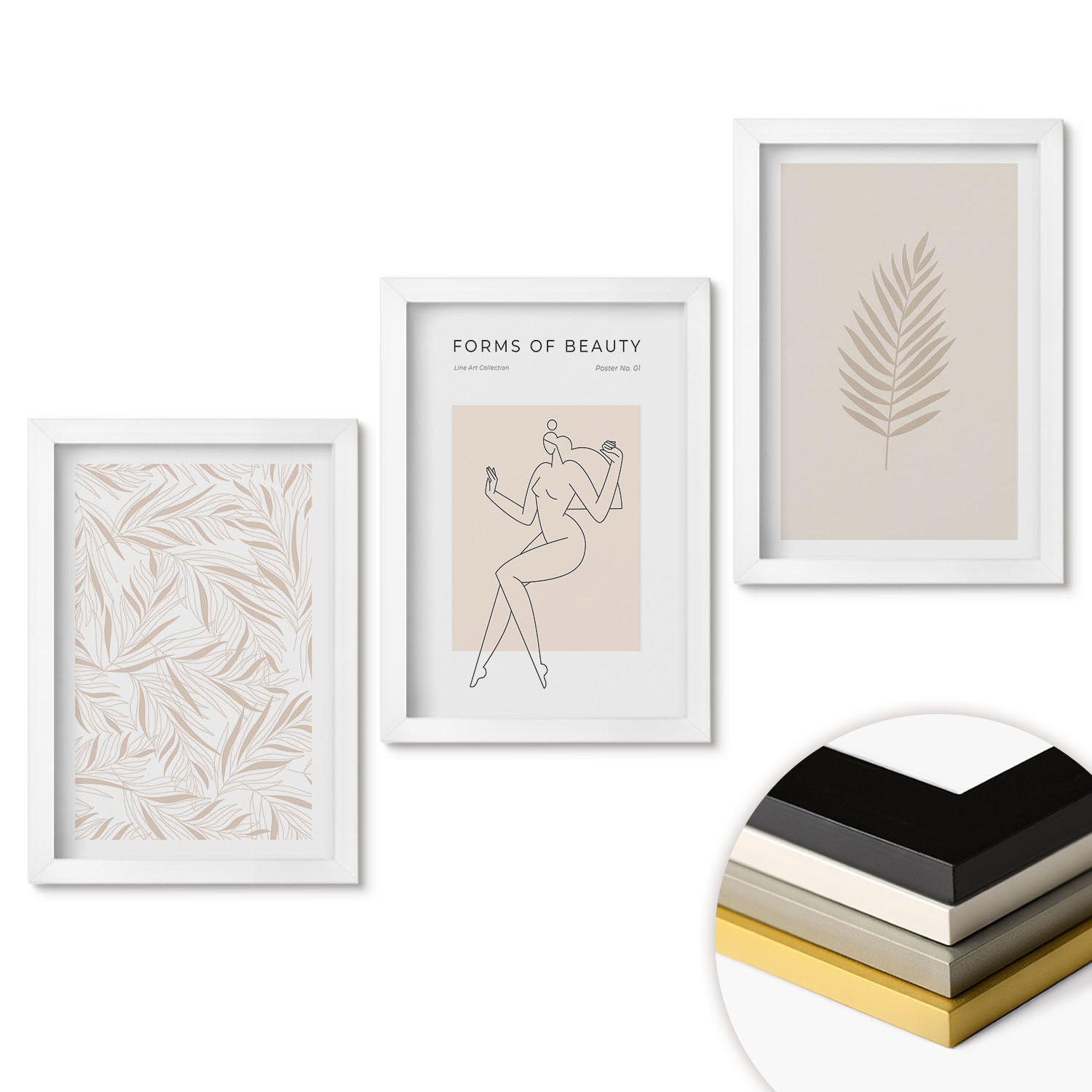 WANDBILDER 3er-Set - 20x30 cm Weißer Rahmen - Minimalistische botanische Motive - Weiß, Kunststoff (20/30cm) - ArtPrintCave