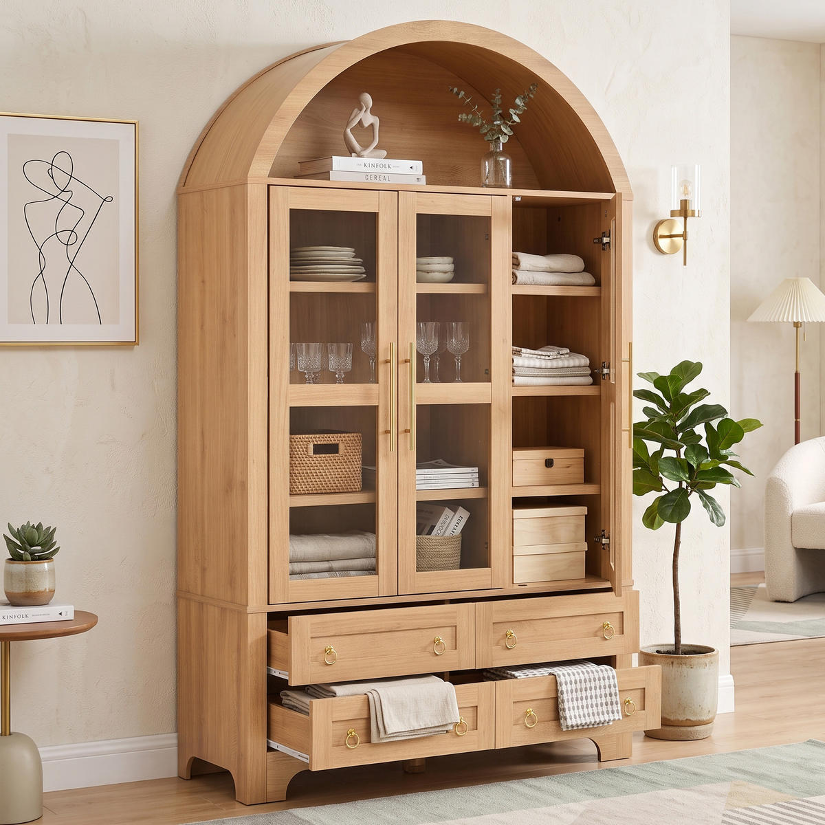 SIDEBOARD WOHNZIMMERSCHRANK Rundbogen 3 Glastüren 4 Schubladen - Naturfarben, Holzwerkstoff (110/185/40cm) - Urban Meuble