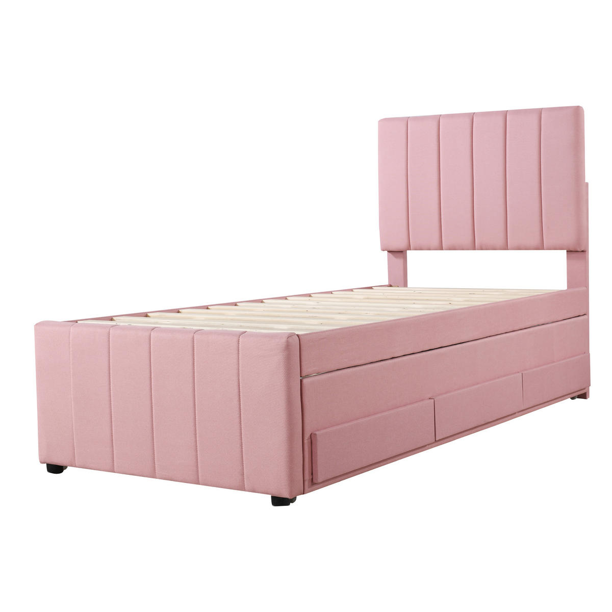 POLSTERBETT aus Leinen 90x200 cm in Rosa mit Ausziehbett & 3 Schubladen - Rosa, Textil (90/200cm) - Modfu