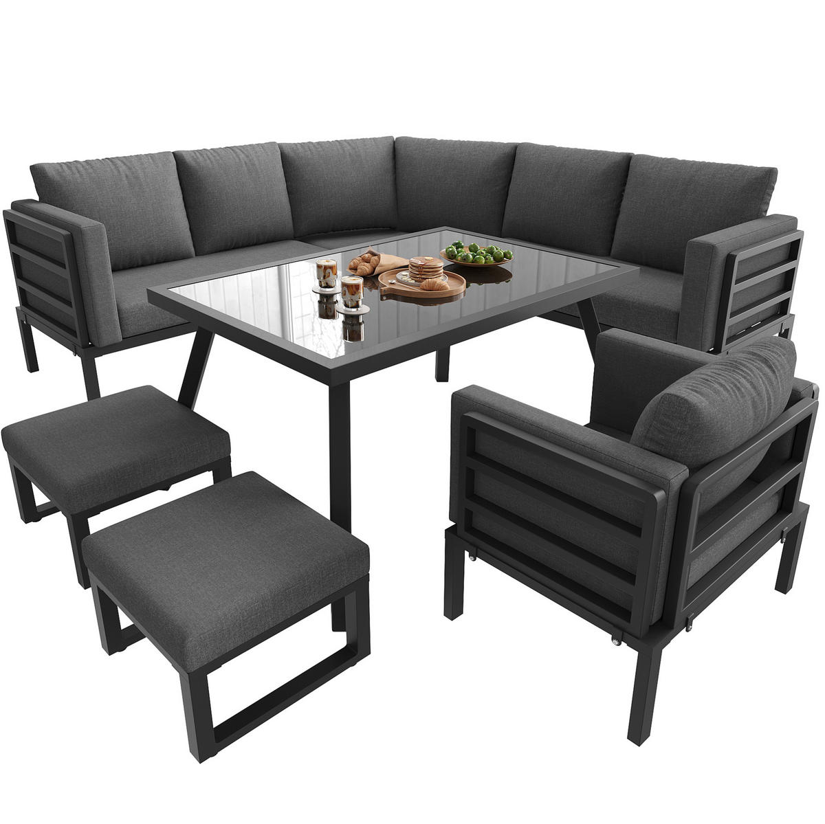 GARTENLOUNGE 114/67/77 cm grau aus Eisen mit Glastisch und 8 cm Polstern - Grau, Metall - OKWISH