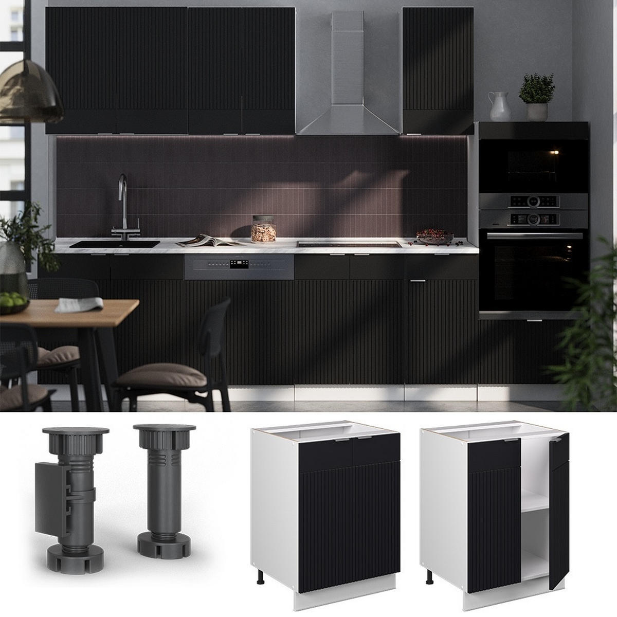KÜCHENUNTERSCHRANK Fame-Line Schwarz gestreift 60 cm , AP Marmor - Schwarz/Weiß, Holzwerkstoff (60/82/60cm) - Vicco