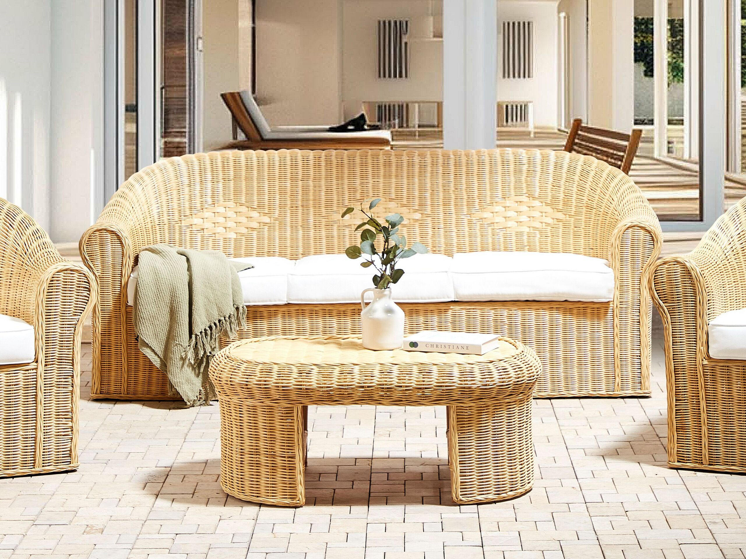 GARTENSOFA 3-Sitzer Rattan natürlich Livadeia - Naturfarben, Naturmaterialen (75/82/202cm) - Beliani