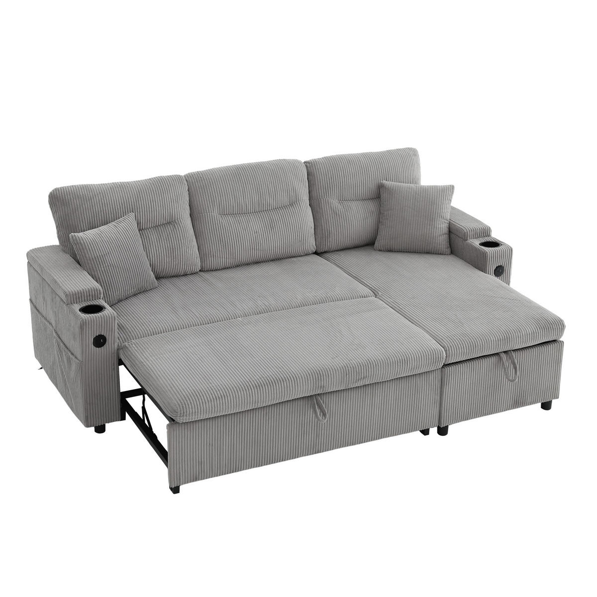 ECKSCHLAFSOFA 3-Sitzer Cord mit Schubladenbett und USB-Anschluss Hellgrau 212,5/136/86 cm - Hellgrau, Textil (136/212.5cm) - Redom