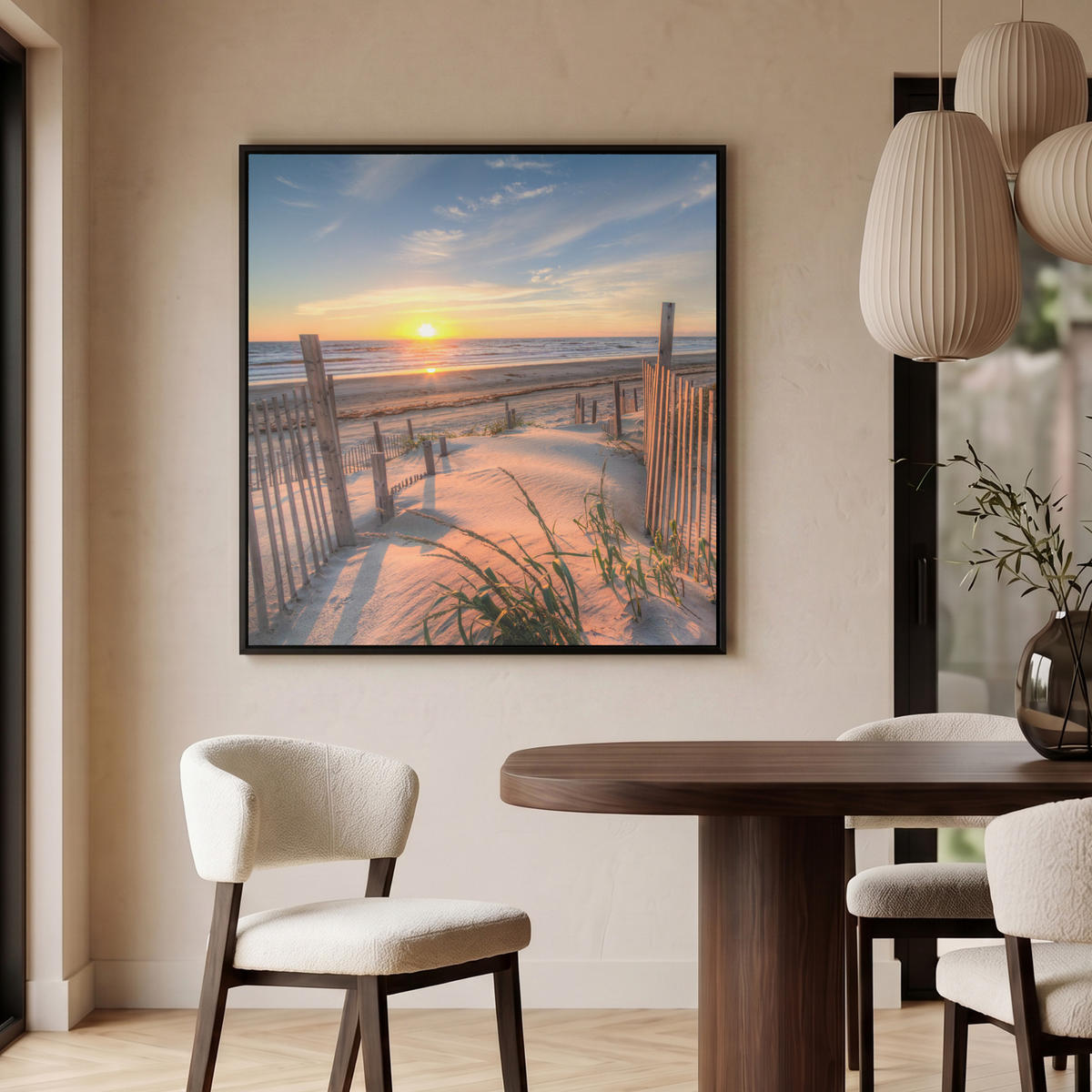 LEINWAND Bilder mit Rahmen - Strand - Meer - Düne - Sonnenuntergang - Landschaft - 90x90 - Beige, Textil (90/90cm) - MuchoWow