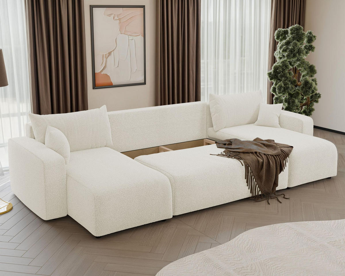 WOHNLANDSCHAFT Pianoni Creme Bouclé-Bezug - Creme/Schwarz, Kunststoff/Textil (312/83/140cm) - Selsey