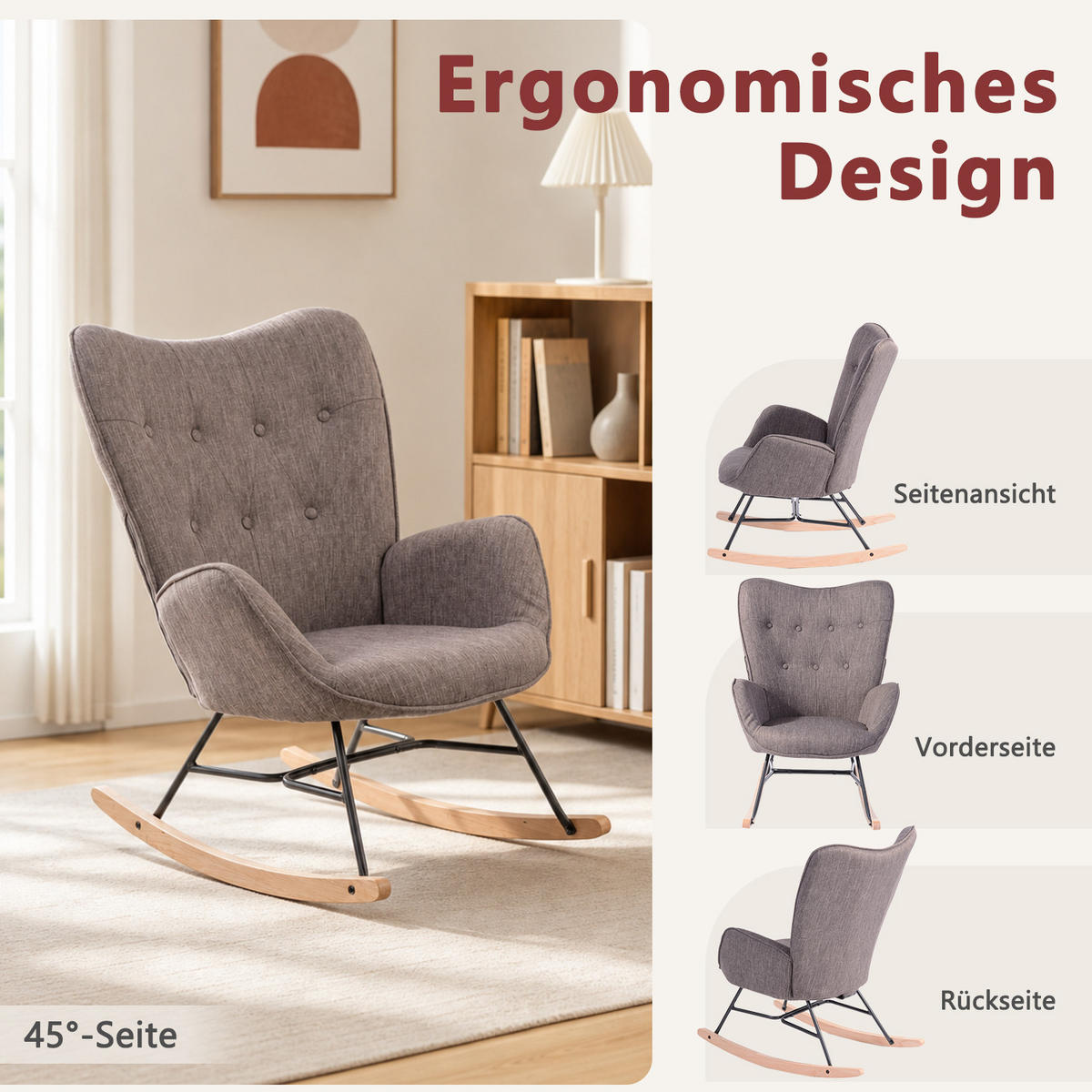 SCHAUKELSTUHL aus dunkelgrauem Stoff, skandinavisches Design, für Wohnzimmer und Schlafzimmer - Dunkelbraun, Textil/Metall (66/97/84cm) - Meubles Cosy