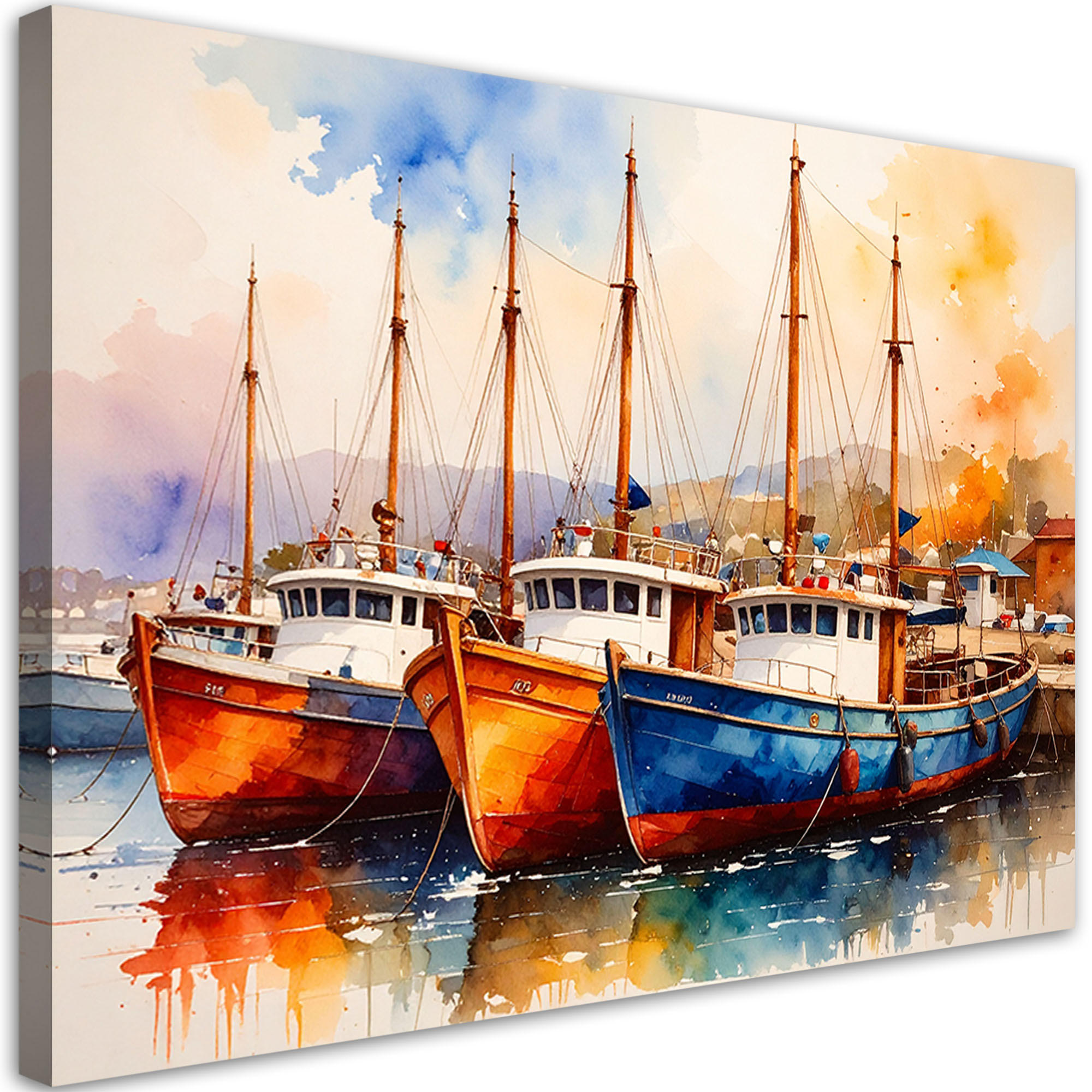 LEINWANDBILD Bunte Boote Schiffe im Hafen 120x80cm - Multicolor, Textil (120/80cm) - Feeby