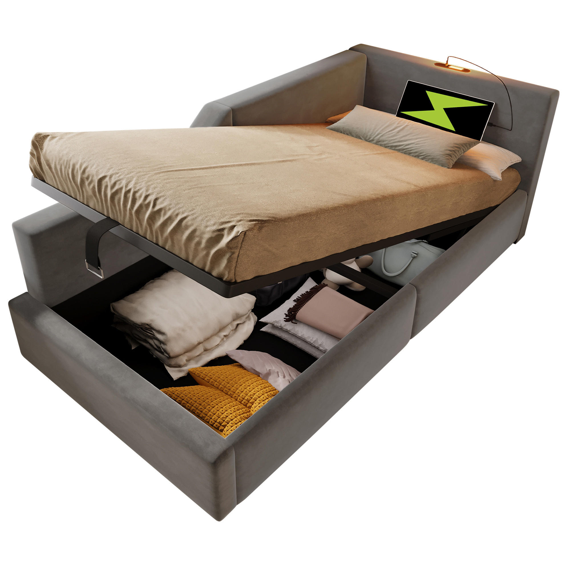 POLSTERBETT 90/190 cm mit hydraulischem Stauraum, USB-C, Leselampe und Lattenrost, Samt, Grau - Grau, Holz (90/190cm) - Redom