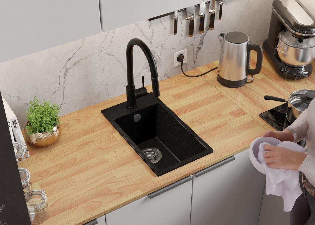 GRANITSPÜLE Riga, 2-er set Alles Schwarz 28/50 cm 1 Becken + Küchenarmatur 32/20 cm + Ablauf-Set ab 30er Unterschrank - Schwarz, Kunststoff (28/20/50cm) - Primagran