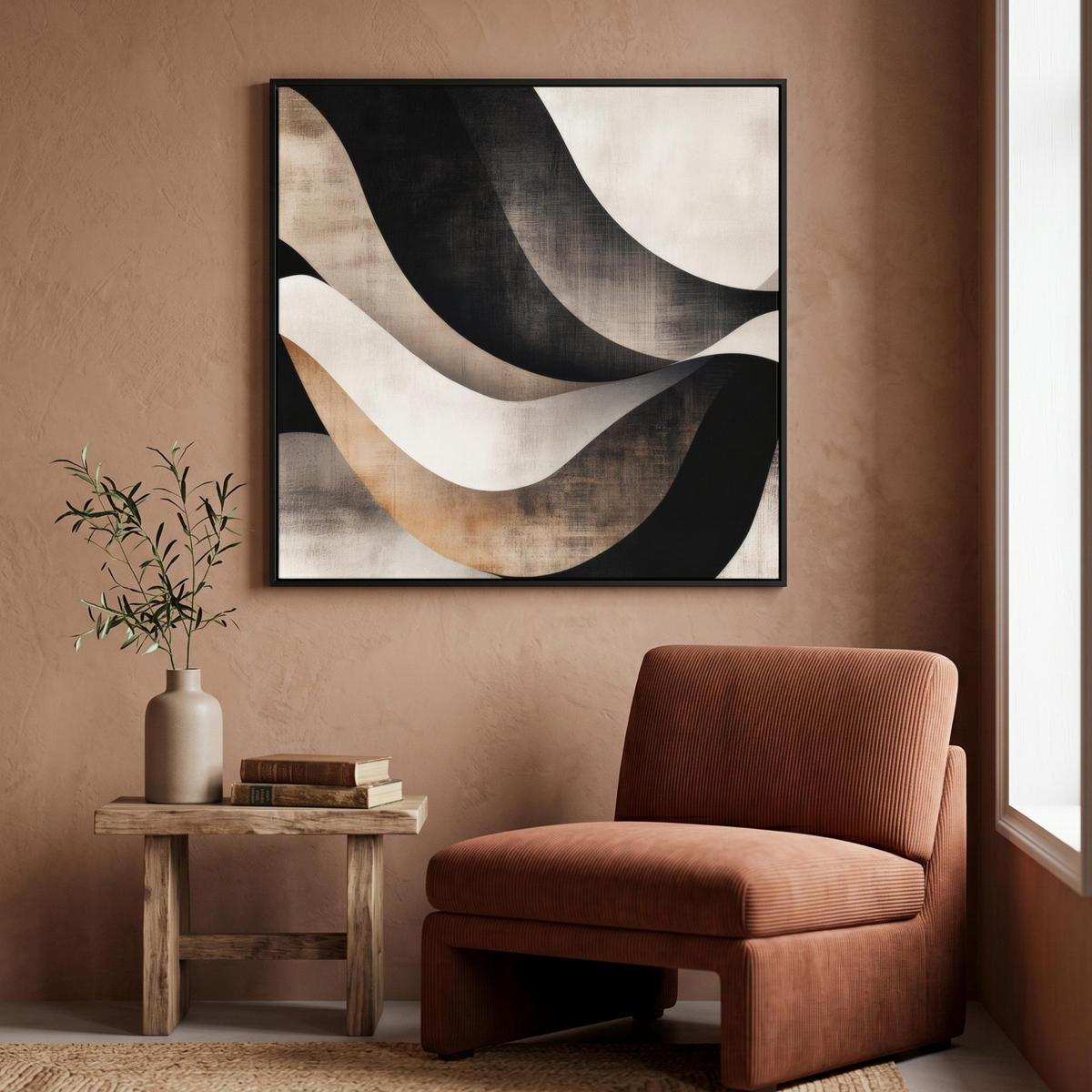 LEINWAND Bilder mit Rahmen - Abstrakt - Wellen - Schwarz - Verwittert - 90x90 - Trüffeleichefarben, Textil (90/90cm) - MuchoWow