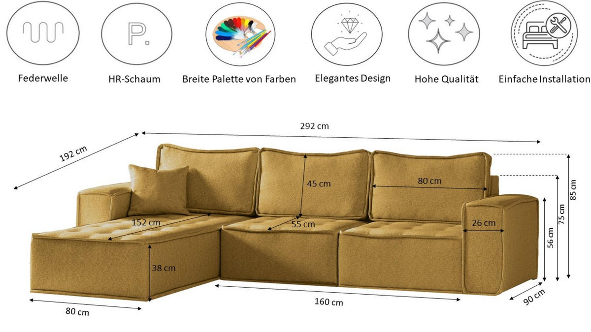 ECKSOFA L-förmige Bohoo-Maxi Gelb Rechts - Gelb, Holz (292/192cm) - Kaiser Möbel