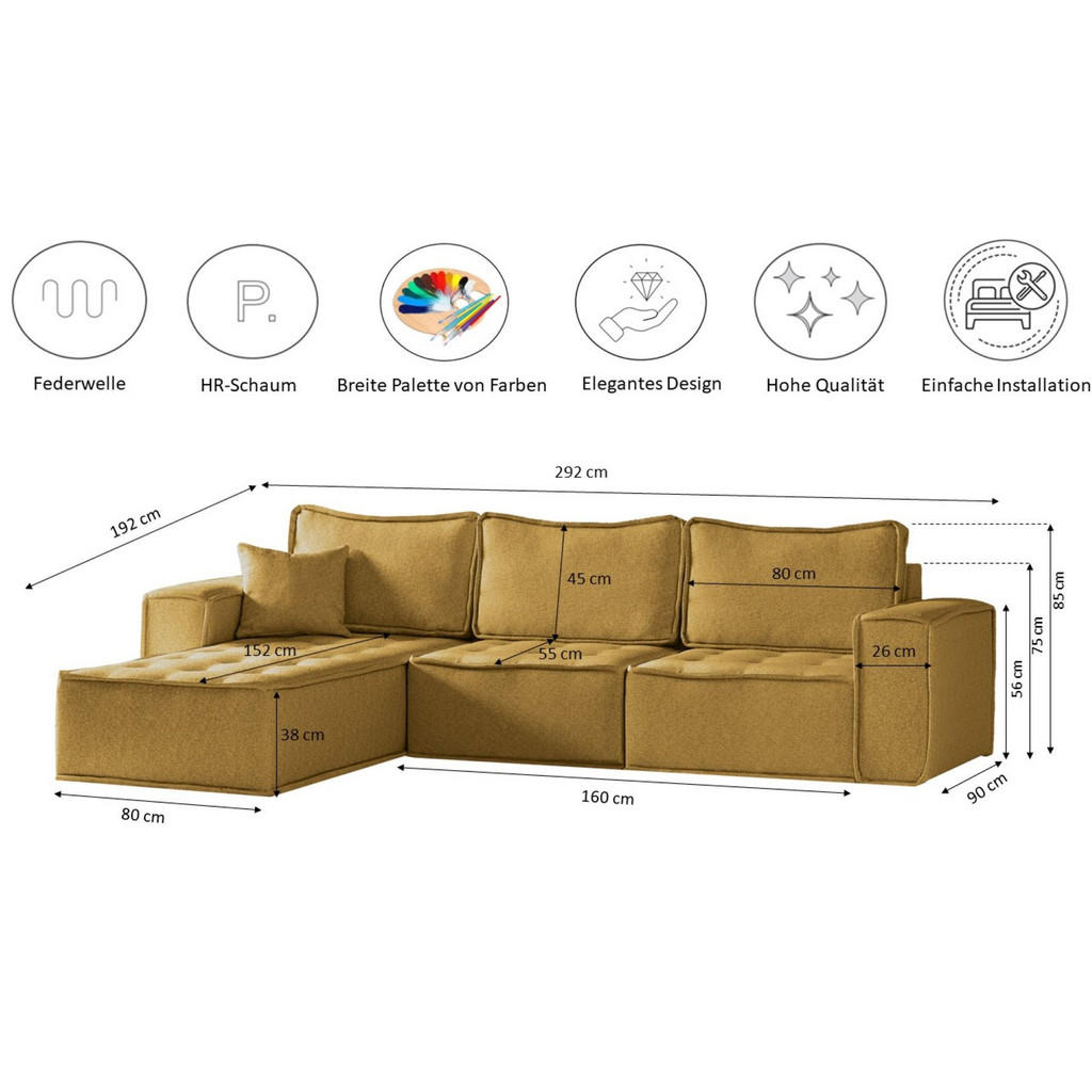 Thumbnail - Kaiser Möbel Ecksofa, Gelb, Holz, Füllung: Komfortschaum, L-Form, 292x192 cm, Wohnzimmer, Sofas & Couches, Wohnlandschaf...