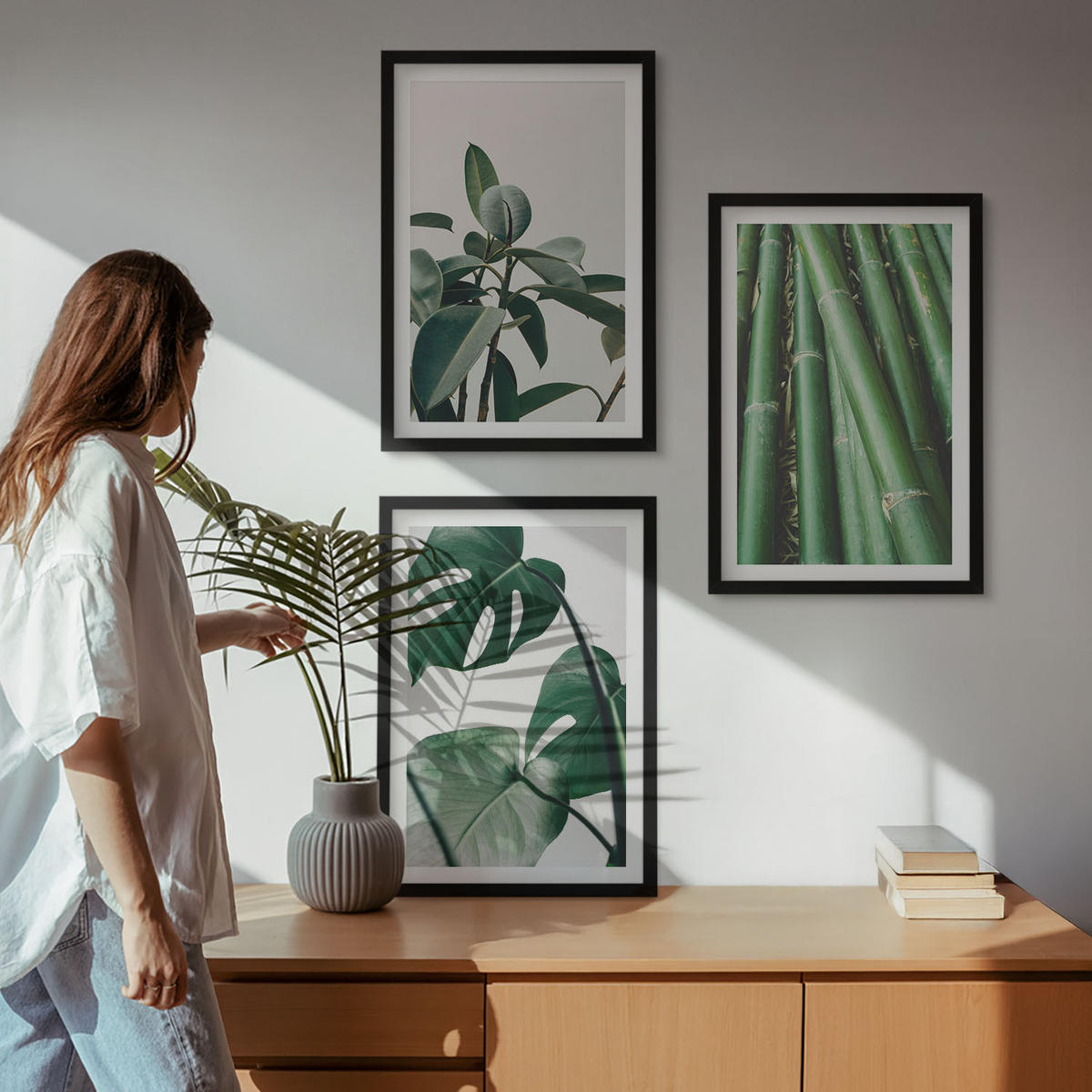 BILDER SET 3er Set - 40x60 cm Schwarzer Rahmen - Bambusstängel und Monstera-Blätter - Schwarz, Kunststoff (40/60cm) - TULUP