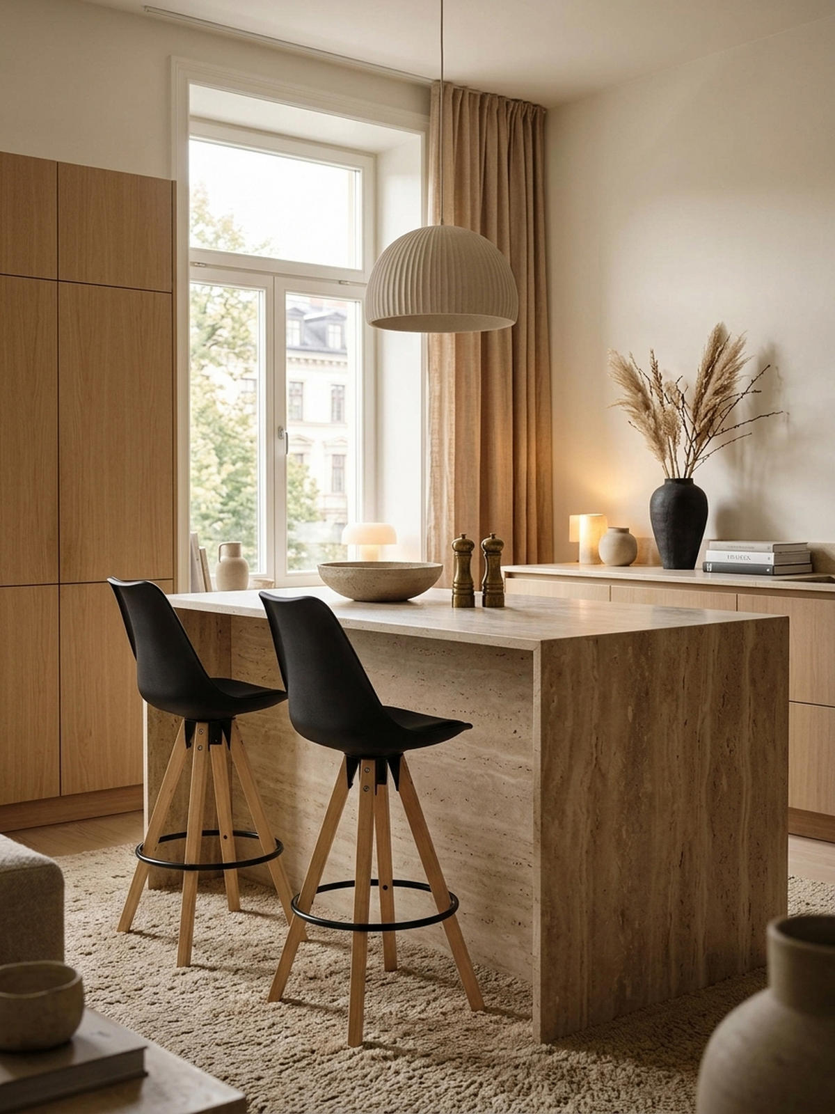 BARHOCKER Set - Ergonomisch Sitzschale, Holzbeine, Schwarz 45x45x113 cm - Beige/Schwarz, Holz/Kunststoff (45/113/45cm) - KADIMA DESIGN