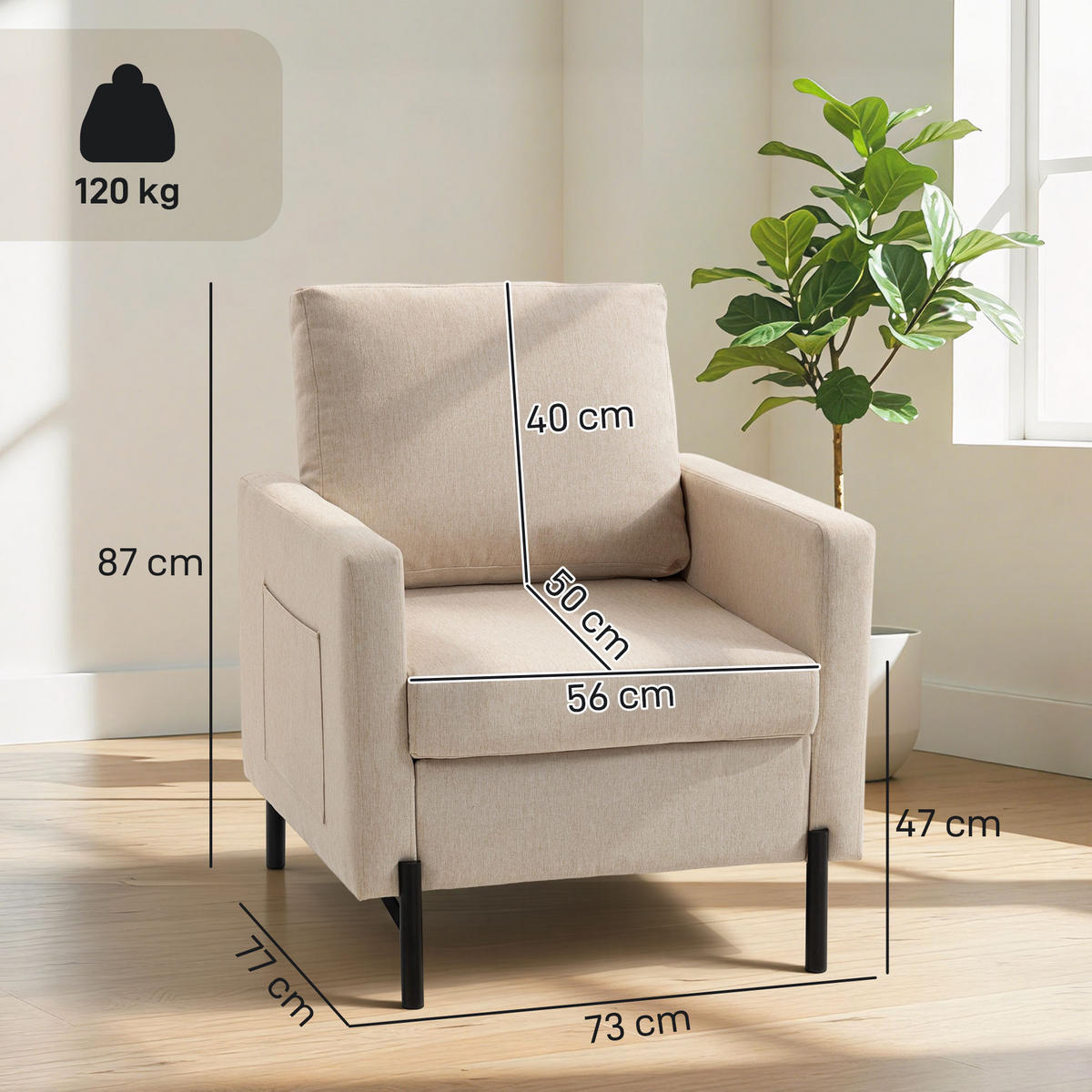 SESSEL DE-13514 mit Armlehnen, breite Sitzfläche Beige - Beige, Metall (73/87/77cm) - ComfortXL