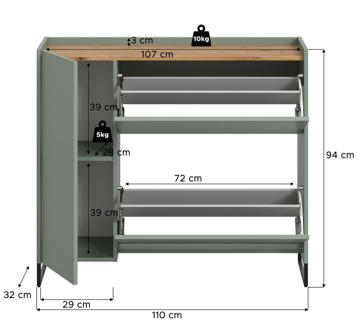 SCHUHKOMMODE DRIVE (B/H/T: ca. 110/94/32 cm) in Salbei/Salbei - Salbeigrün, Holzwerkstoff (110/94/32cm)