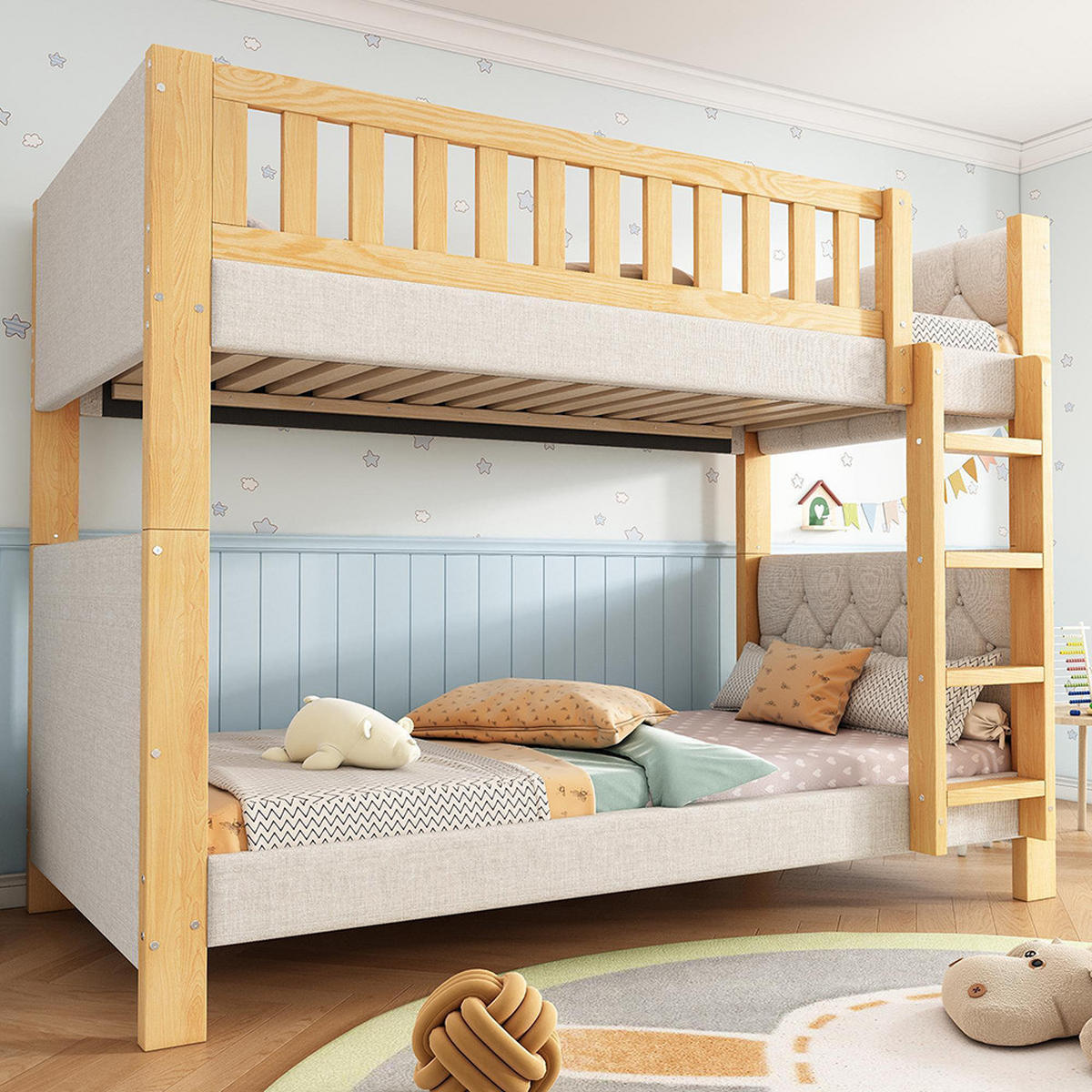 ETAGENBETT 90x200cm, vierstufige gerade Treppe, Grau+Natur - Grau, Holz (94/212cm) - KOMHTOM