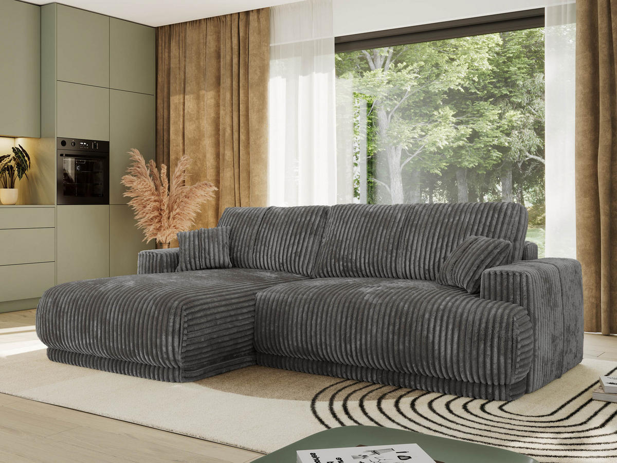 ECKSCHLAFSOFA RINA L Grau Cord - links - Schwarz/Grau, Kunststoff/Textil (266/172cm) - MKS