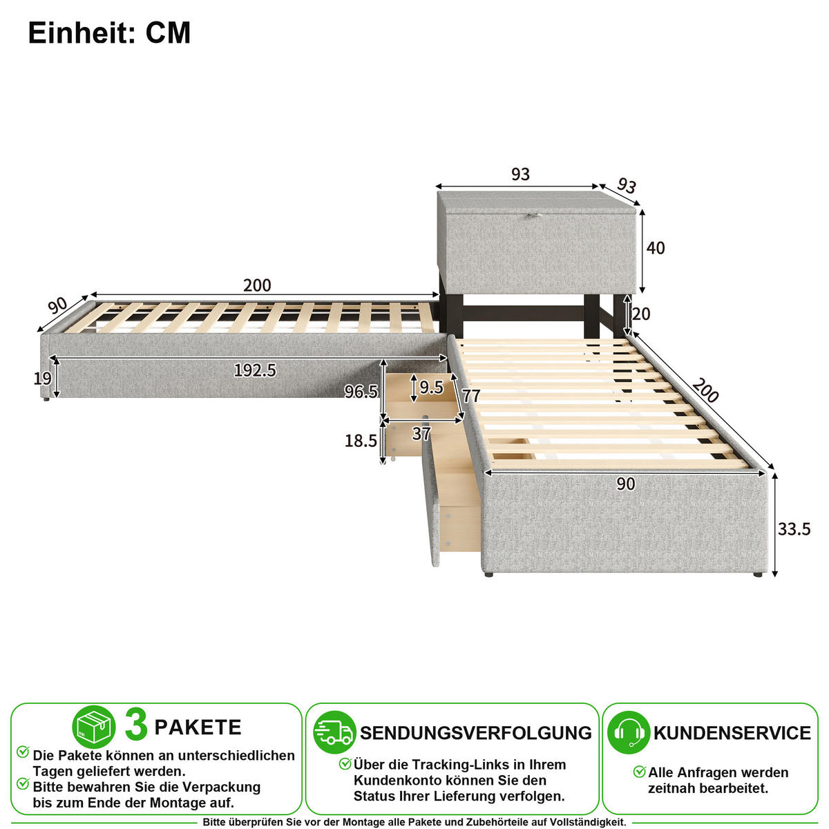 POLSTERBETT 90/200 cm in Grau mit Ausziehbett, Schrank und 2 Schubladen Leinen - Grau, Holzwerkstoff/Textil (90/200cm) - CHICFURN