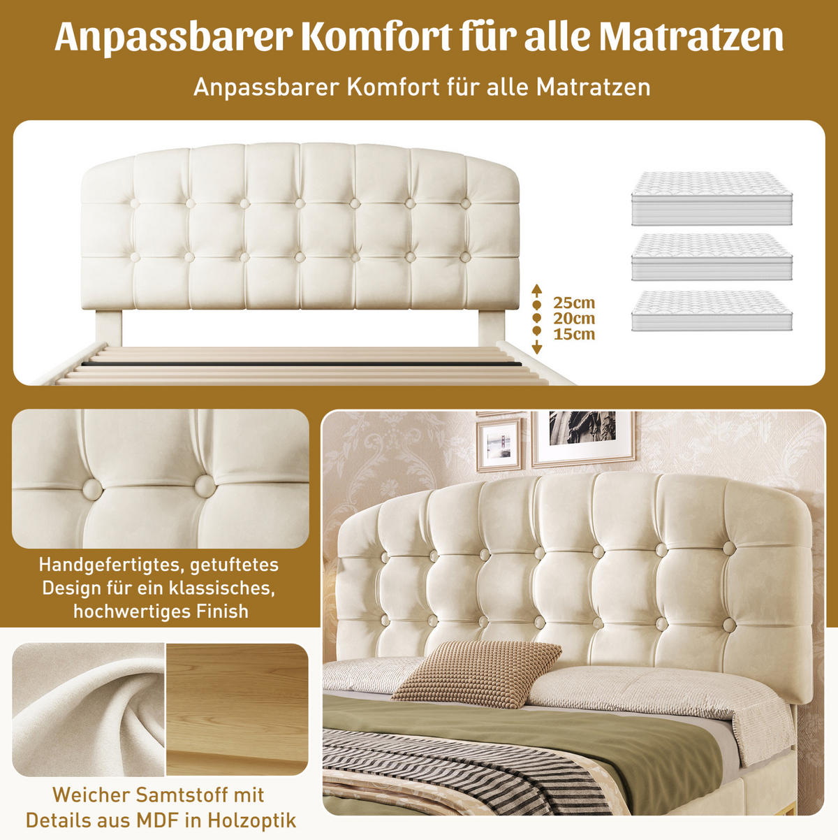 POLSTERBETT 140/190 cm Beige aus Samt mit Schubladen - Beige, Textil (140/190cm) - OKMYHOME