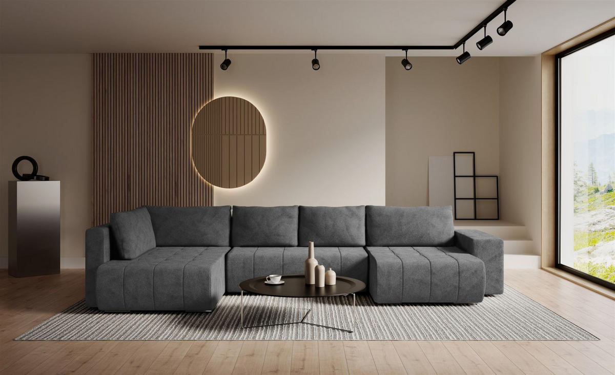 WOHNLANDSCHAFT Armanda - Dunkelgrau, Holzwerkstoff/Textil (392/83/185cm) - Fun Möbel