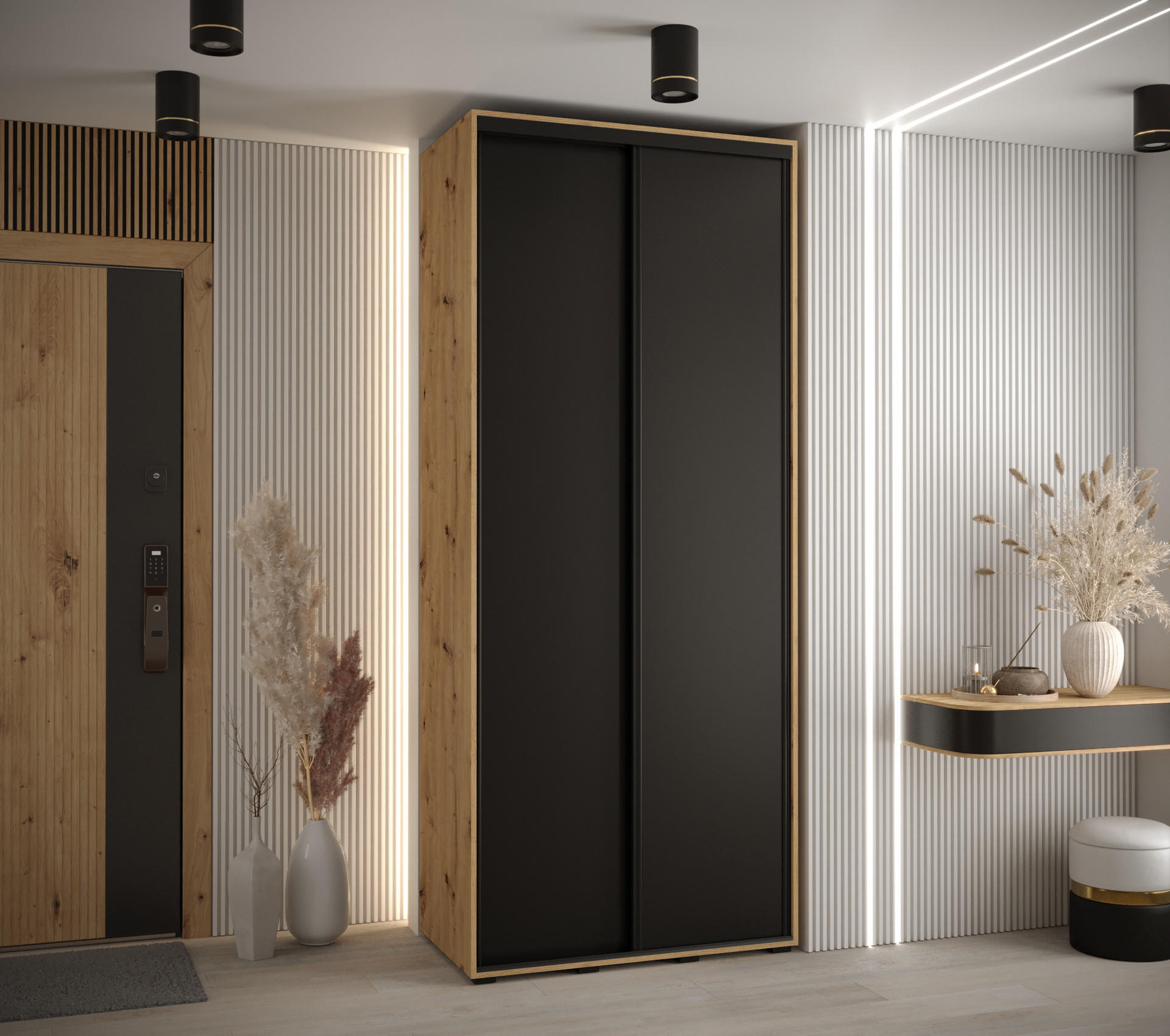 SCHWEBETÜRENSCHRANK 235,2/100/45 2-türig - Schwarz/Eiche Artisan, Holz/Metall (100/235/45cm) - Abiks Möbel