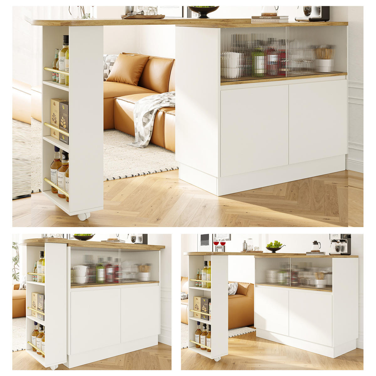 BAROVÁ skříňka 90/45/100 cm bílá z MDF s otočným designem 360° a skleněnými dveřmi - bílá, kompozitní dřevo (90/45/100cm) - OKWISH