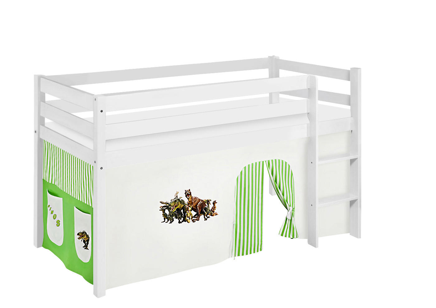 HOCHBETT Jelle mit DINOS Vorhang - Kinderbett - Weiß, Holz - Lilokids