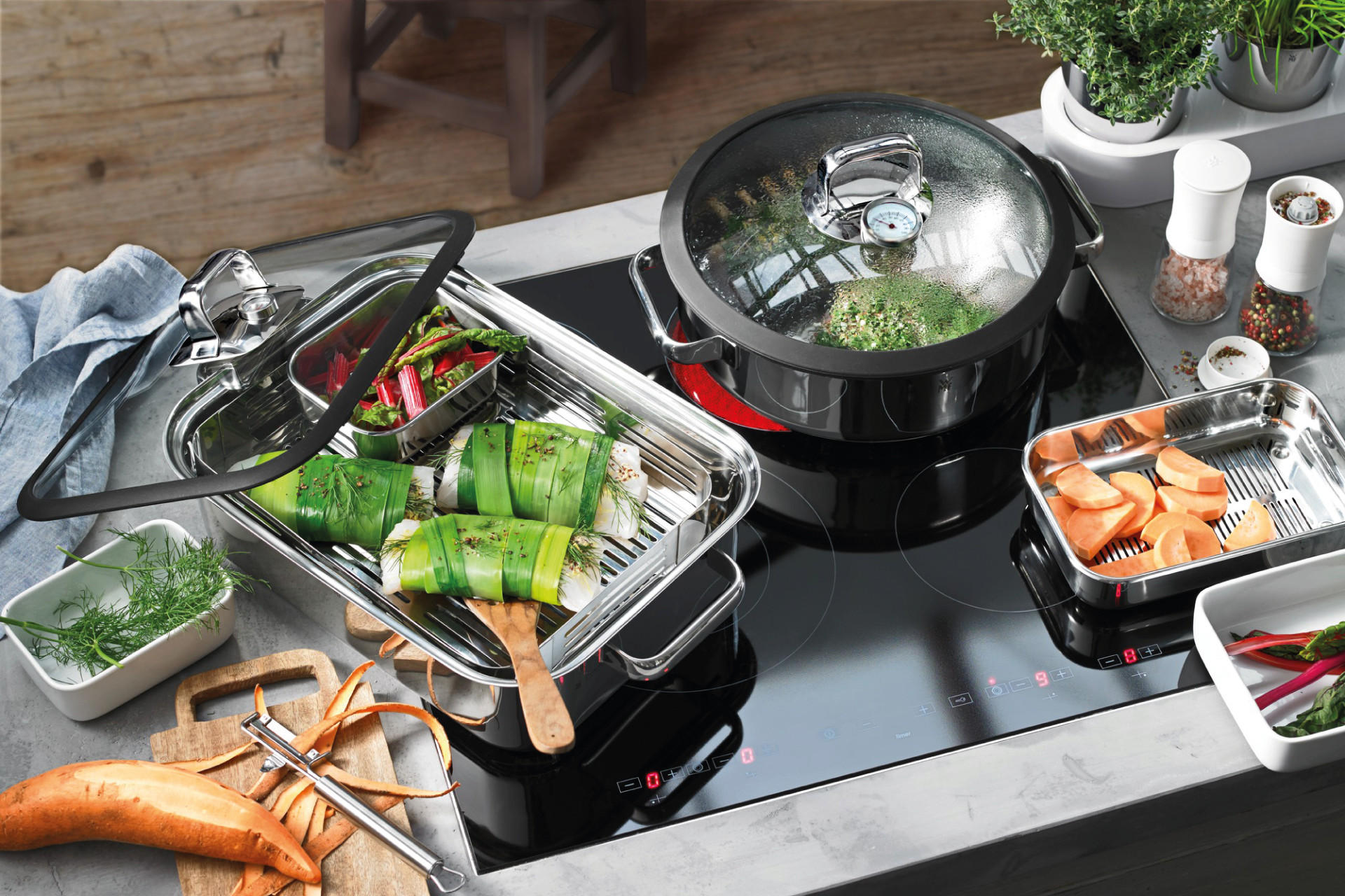 Edelstahl-BrÃ¤ter und Edelstahlkochtopf