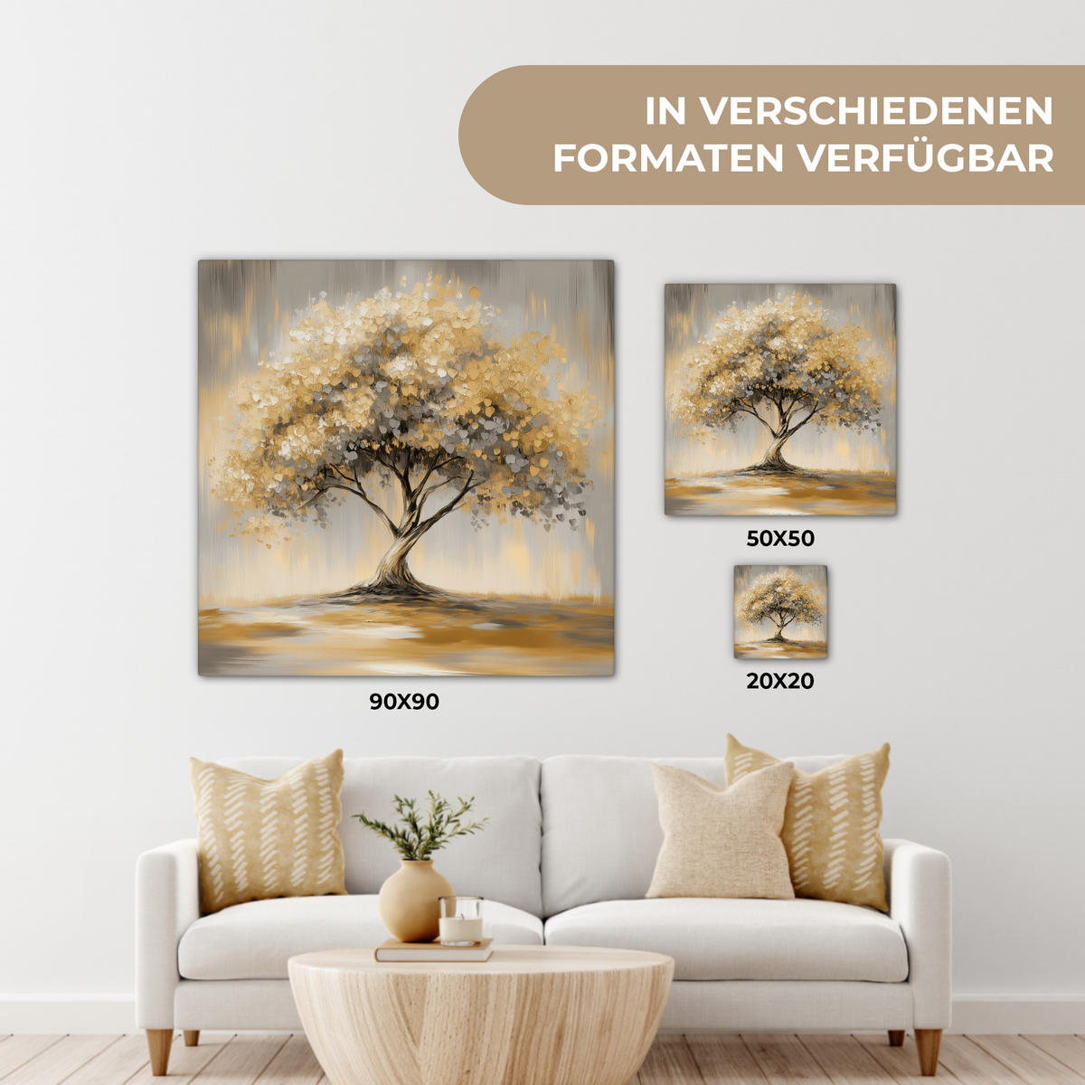 LEINWANDBILD Gemälde - Baum - Abstrakt - Blätter Deko Wohnzimmer 20x20 cm - Beige, Textil (20/20cm) - MuchoWow