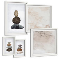 BILDER SET 5er Set - 50x50 cm & 20x30 cm & 40x60 cm Weißer Rahmen - Steinstapel-Boho-Malerei - Weiß, Kunststoff (40/60cm) - TULUP