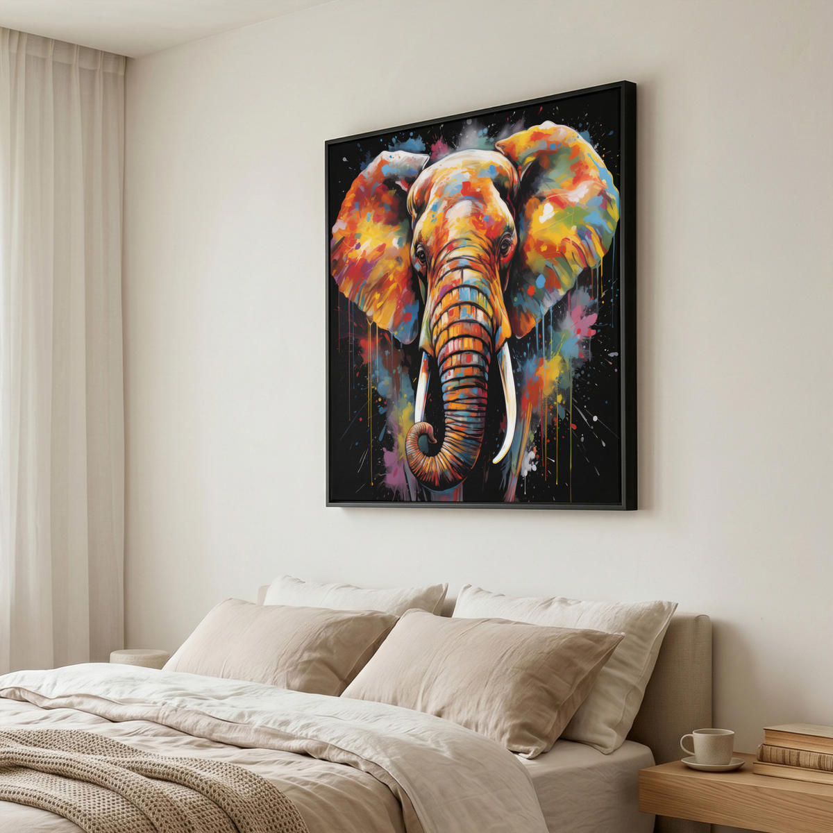 LEINWAND Bilder mit Rahmen - Elefant - Graffiti - Schwarz - Tiere - Farben - 90x90 - Schwarz, Textil (90/90cm) - MuchoWow