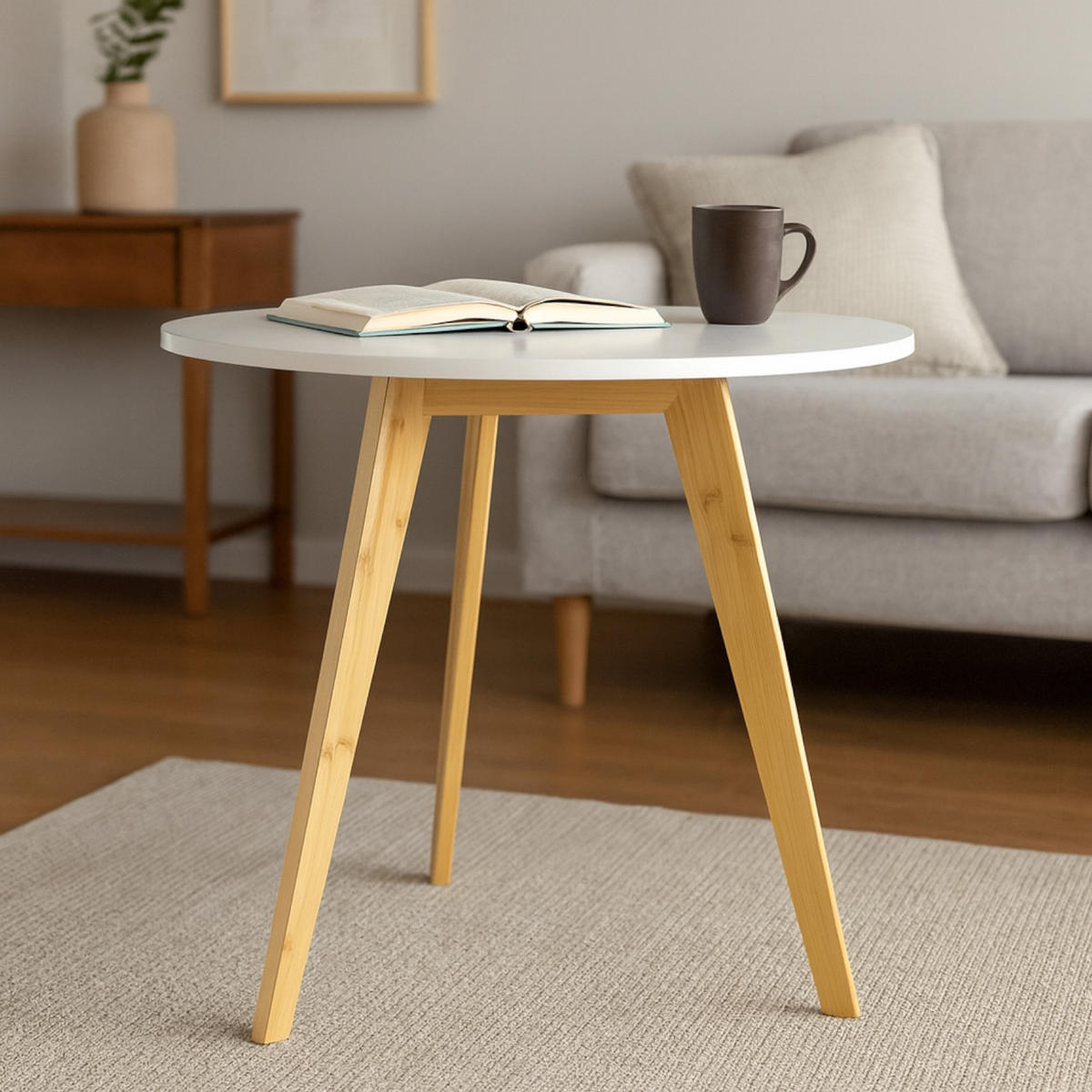 COUCHTISCH Bambus Weiß Naturfarbe rund Ø56 cm - Weiß/Naturfarben, Holzwerkstoff (56/56/56cm) - Begryf