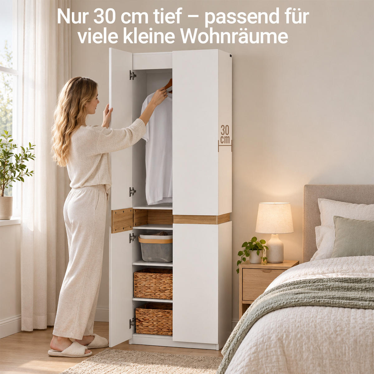 KLEIDERSCHRANK schmal, 61 x 192 x 30 cm, weiß, mit Kleiderstange und Fächern, 30 cm tief für Schlafzimmer und Flur - Weiß, Holzwerkstoff (61/192/30cm) - SoBuy