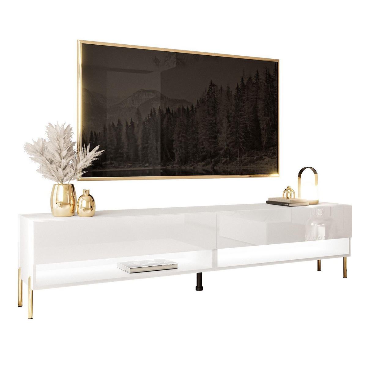 LOWBOARD TV-Schrank CALANTE 180 cm auf geraden goldenen Chrom-Beinen - Weiß Hochglanz/Goldfarben, Holzwerkstoff/Metall (180/44/35cm) - Lookway