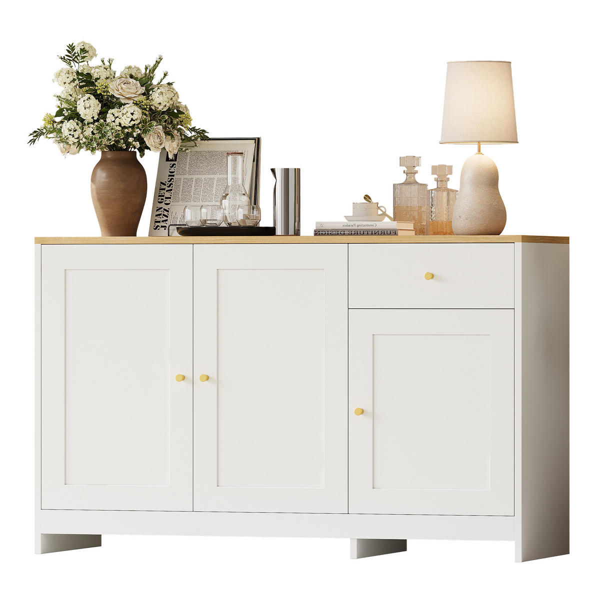 SIDEBOARD aus MDF und Spanplatte 120x40x75 cm Weiß/Natur mit 3 Türen, Schublade und verstellbaren Einlegeböden - Weiß, Holzwerkstoff (120/75/40cm) - Modfu