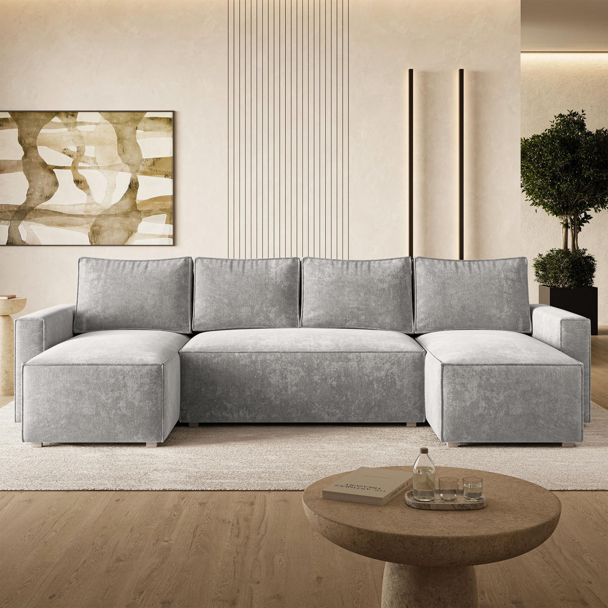 WOHNLANDSCHAFT ASPRA LM Grau Chenille mit Schlaffunktion - Grau, Holz (295/85/140cm) - MASSENO