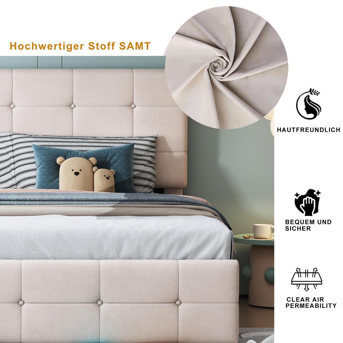 POLSTERBETT 180/200 cm hydraulisches Stauraumbett aus Samt in Beige - Beige, Textil (180/200cm) - OKWISH
