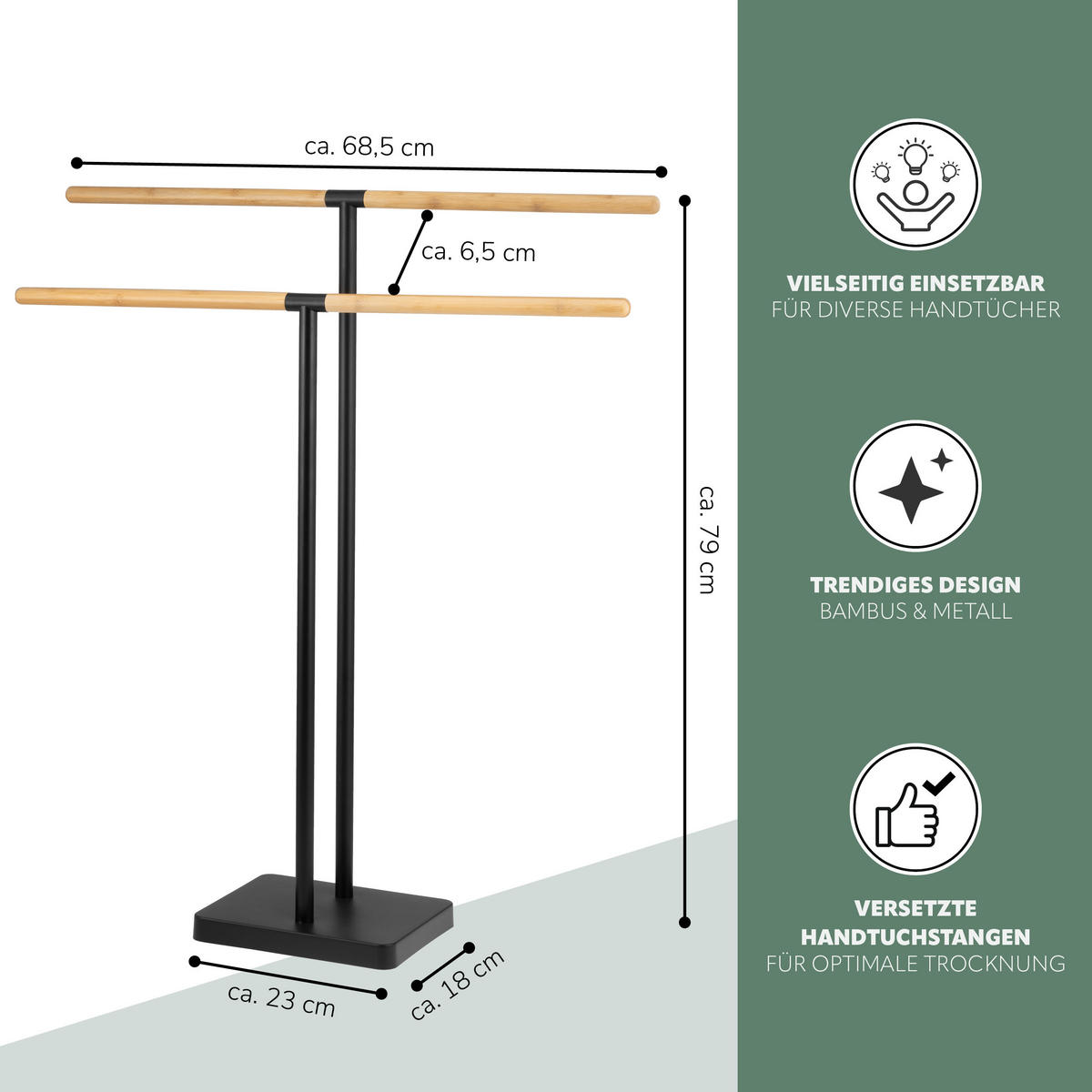 STAND-HANDTUCHHALTER, Bambus/Metall schwarz - Schwarz, Metall (68.5/79/18cm) - eluno