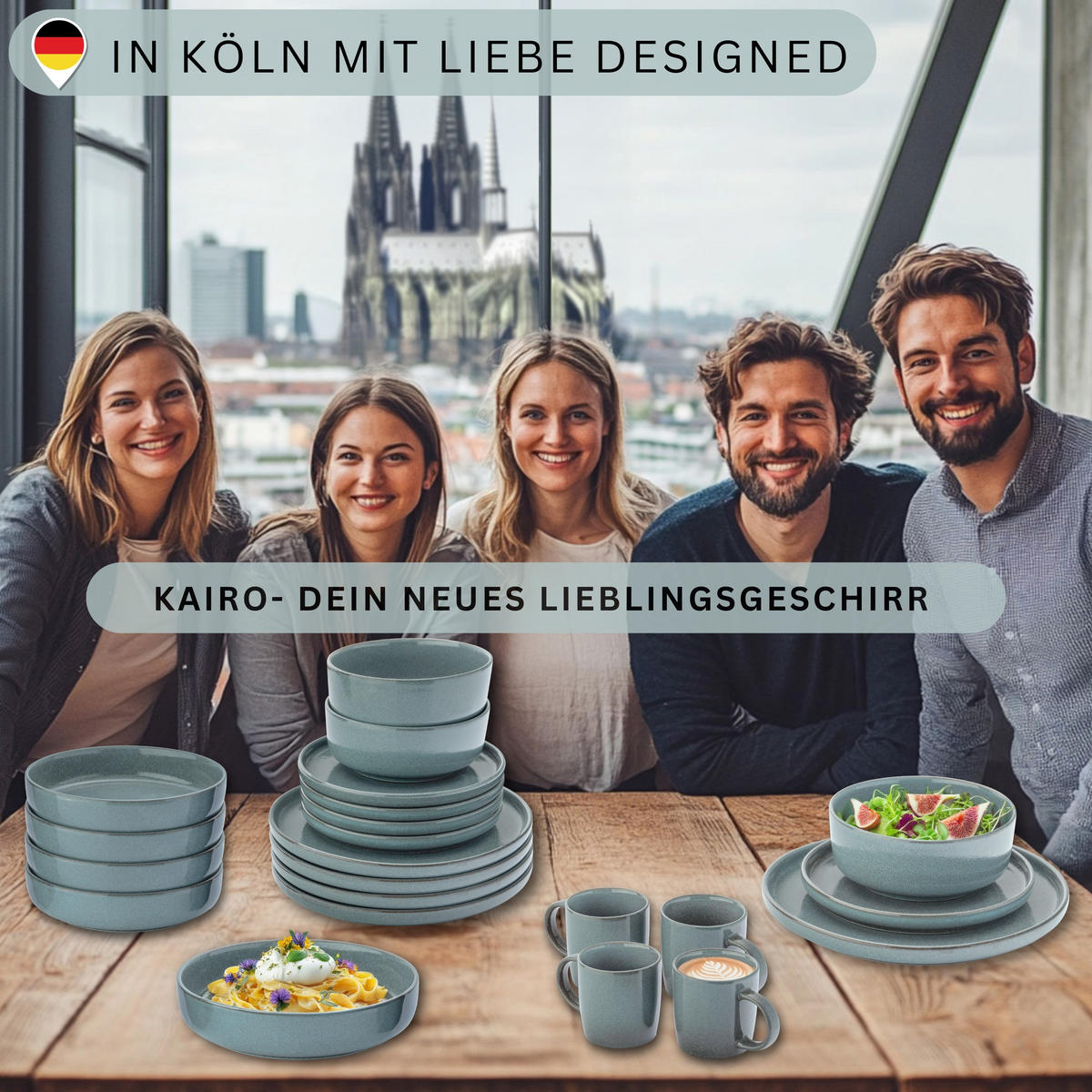 TAFELSERVICE KAIRO OCEAN - 36 teilig aus Steingut 12 Personen - Blau, Stein (50/30/80cm) - Sänger