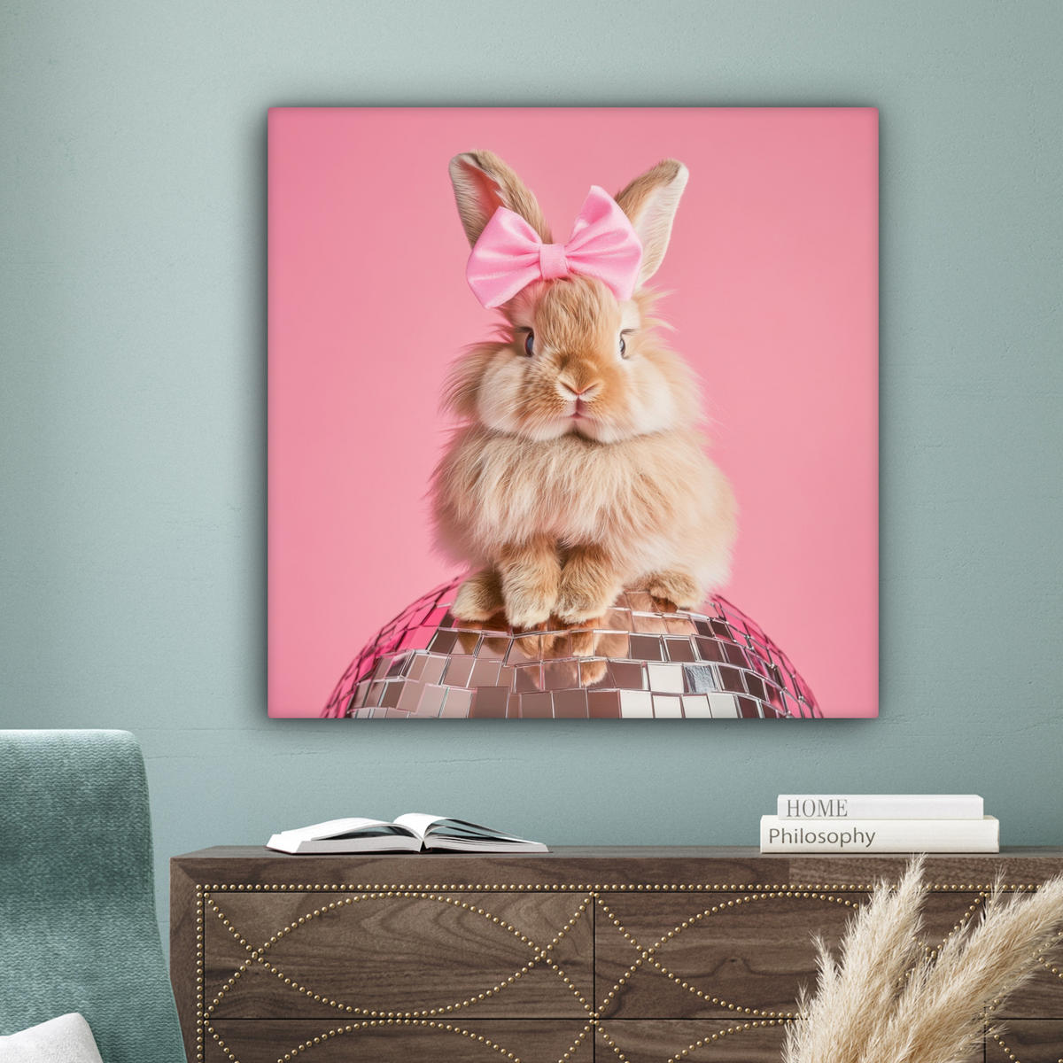 LEINWANDBILD Schleife - Discoball - Kaninchen Deko Groß 90x90 cm - Pink, Textil (90/90cm) - MuchoWow