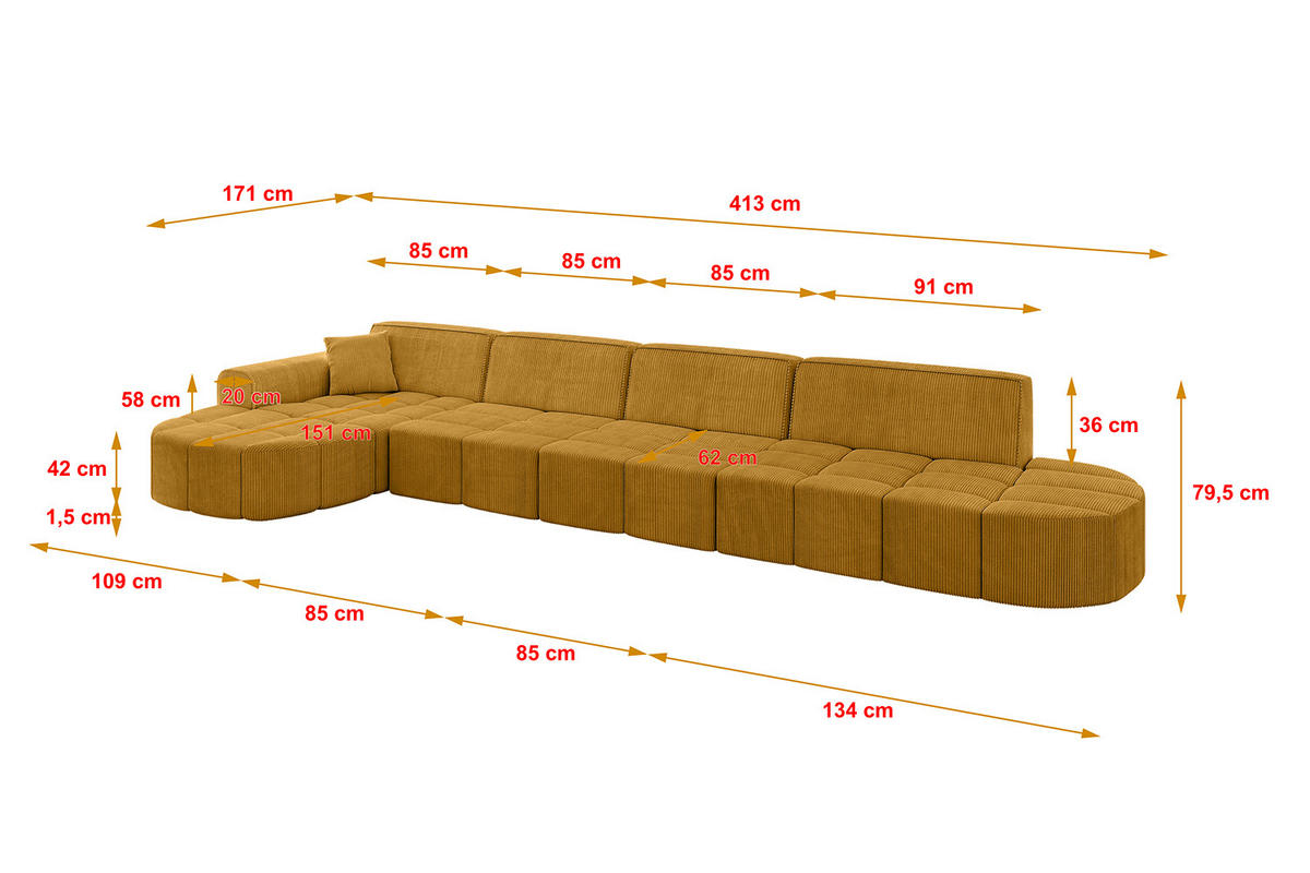 ECKSOFA Ottomane Links LIVO-L3 - 413x171x79,5 cm Senfgelb - Currygelb/Gelb, Holzwerkstoff/Textil (413/79.5/171cm) - ALTDECOR