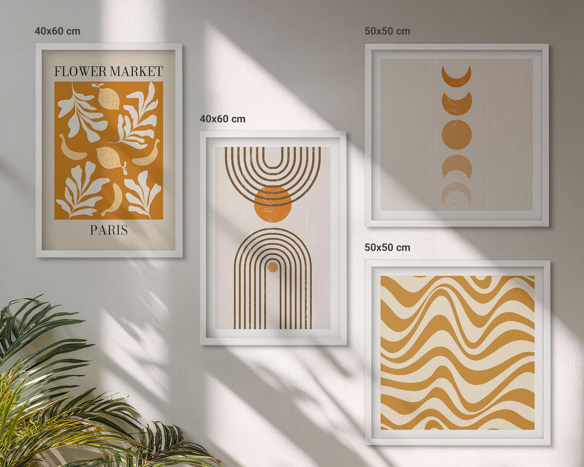 WANDBILDER 4er-Set - 50x50 cm & 40x60 cm Weißer Rahmen - Geometrische Pflanzenmuster - Weiß, Kunststoff (50/50cm) - ArtPrintCave