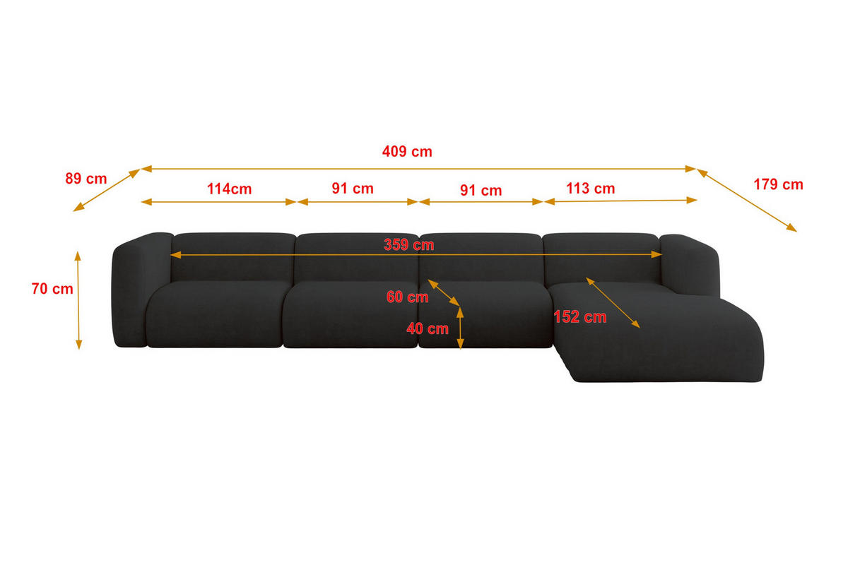ECKSOFA Ottomane Rechts MIRA-L3 409x179x70 Schwarz Velours - Anthrazit/Schwarz, Holzwerkstoff/Kunststoff (409/179cm) - ALTDECOR
