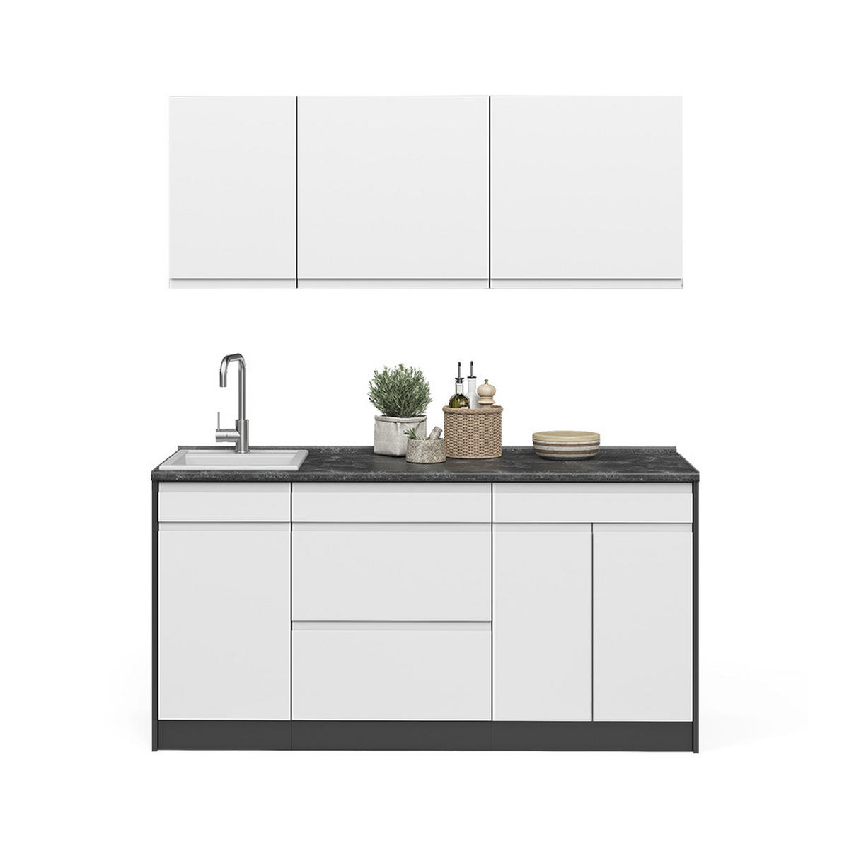 SINGLEKÜCHE R-Line, Weiß/Anthrazit, 160 cm Arbeitsplatte Platin - Anthrazit/Weiß, Holzwerkstoff (160/81.6/60cm) - Vicco