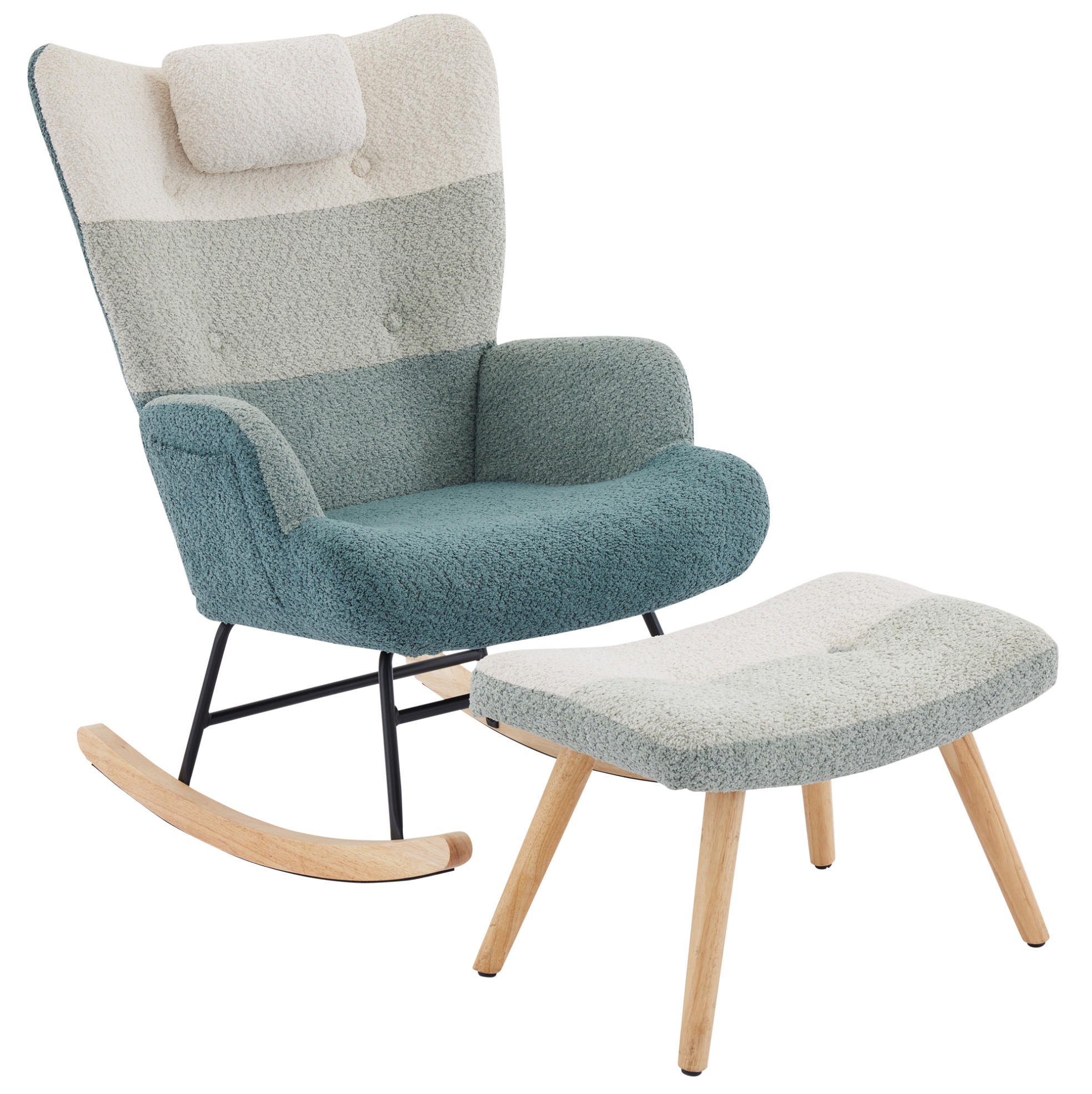 OKWISH HOUPACÍ křeslo 83/65,5/95 cm vícebarevné z bouclé s taburetem a boční kapsou