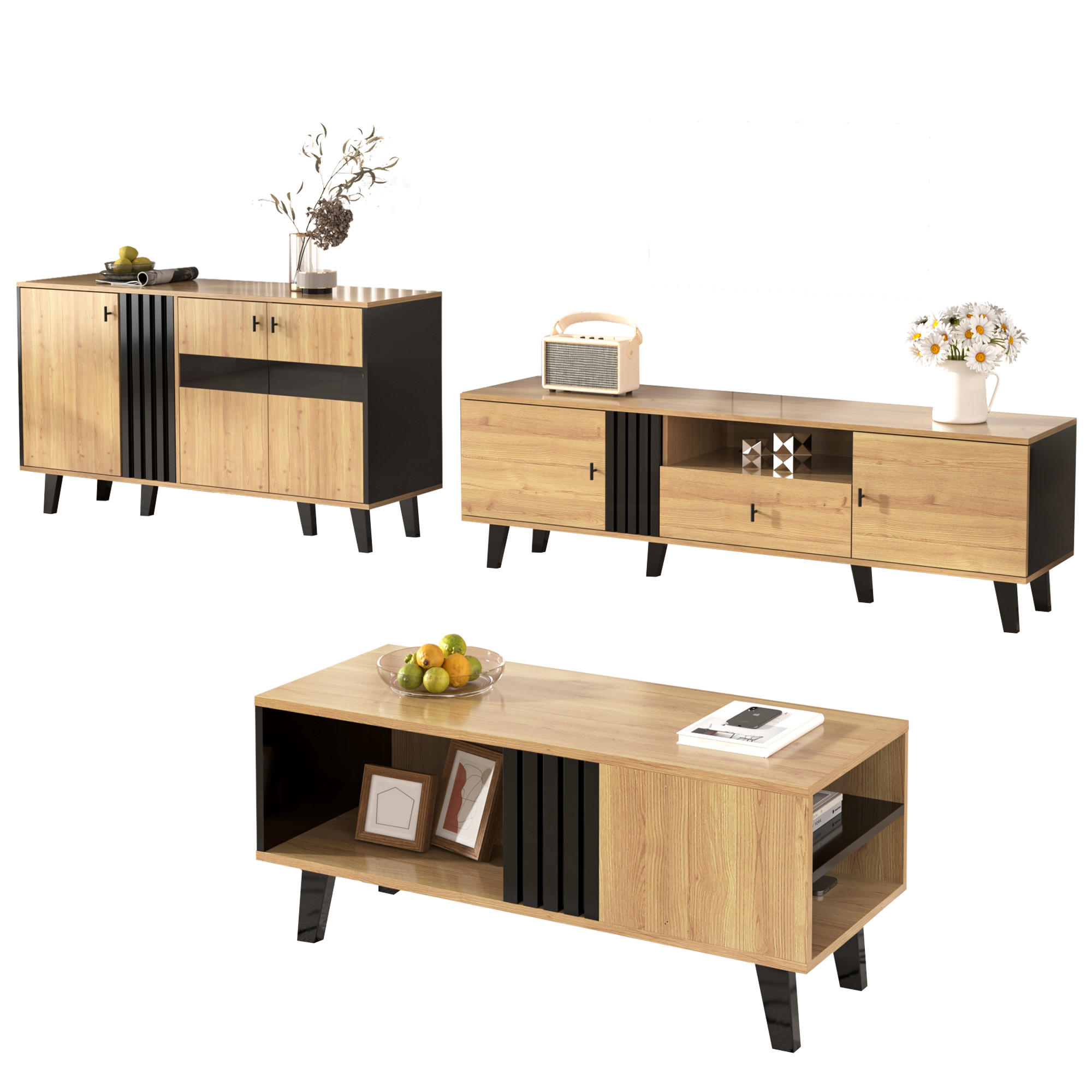 TV-ELEMENT mit Couchtisch - Kombination 3-tlg.Set mit Sideboard in Schwarz Holz - Schwarz, Holzwerkstoff (100/45/60cm) - OKWISH